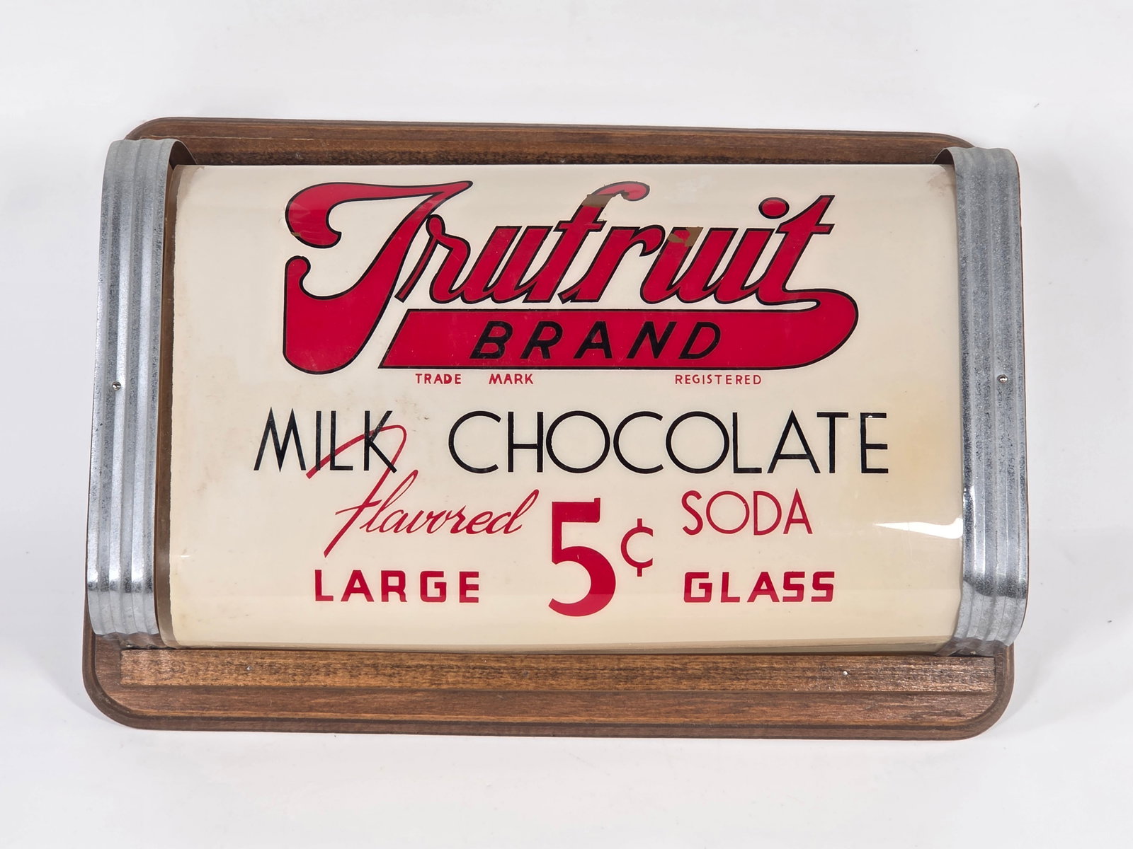 VINTAGE TRUFRUIT MILK CHOCOLATE SODA LIT ADVERTISING SIGN: REMAINS IN VERY GOOD CONDITION - SOME MARKS ALONG TEXT