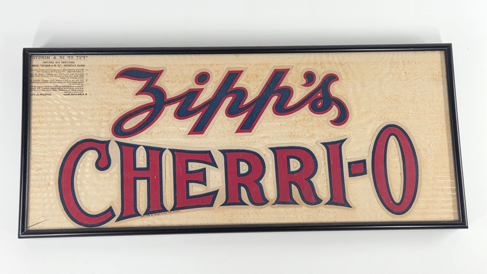 FRAMED ZIPPS CHERRI-O SODA UNUSED KABER WINDOW DECAL: UNUSED DECAL REMAINS IN VERY GOOD CONDITION - DUSTY FRAME