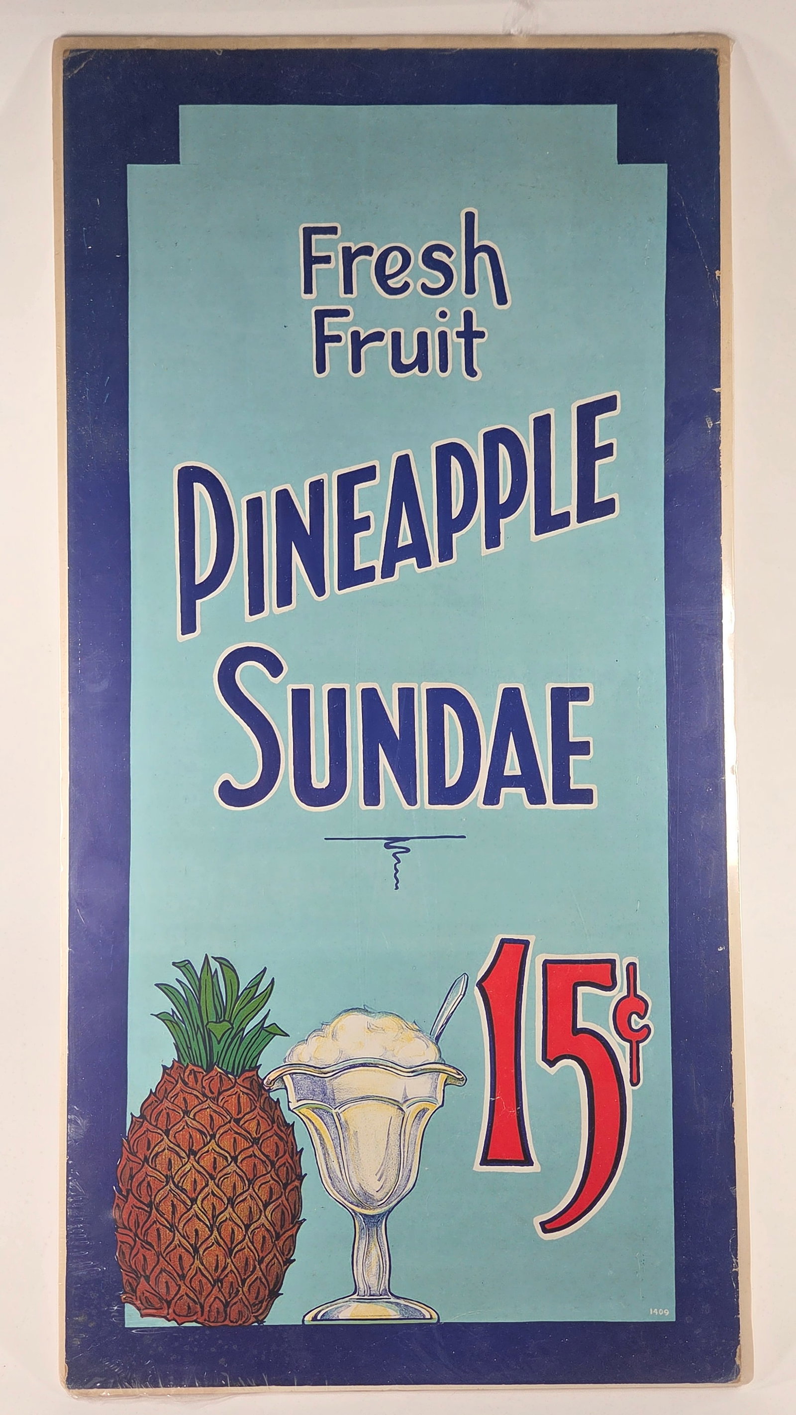 BRIGHT 15 CENT PINEAPPLE SUNDAE PAPER LITHO FRESH FRUIT SIGN (1 of 4)