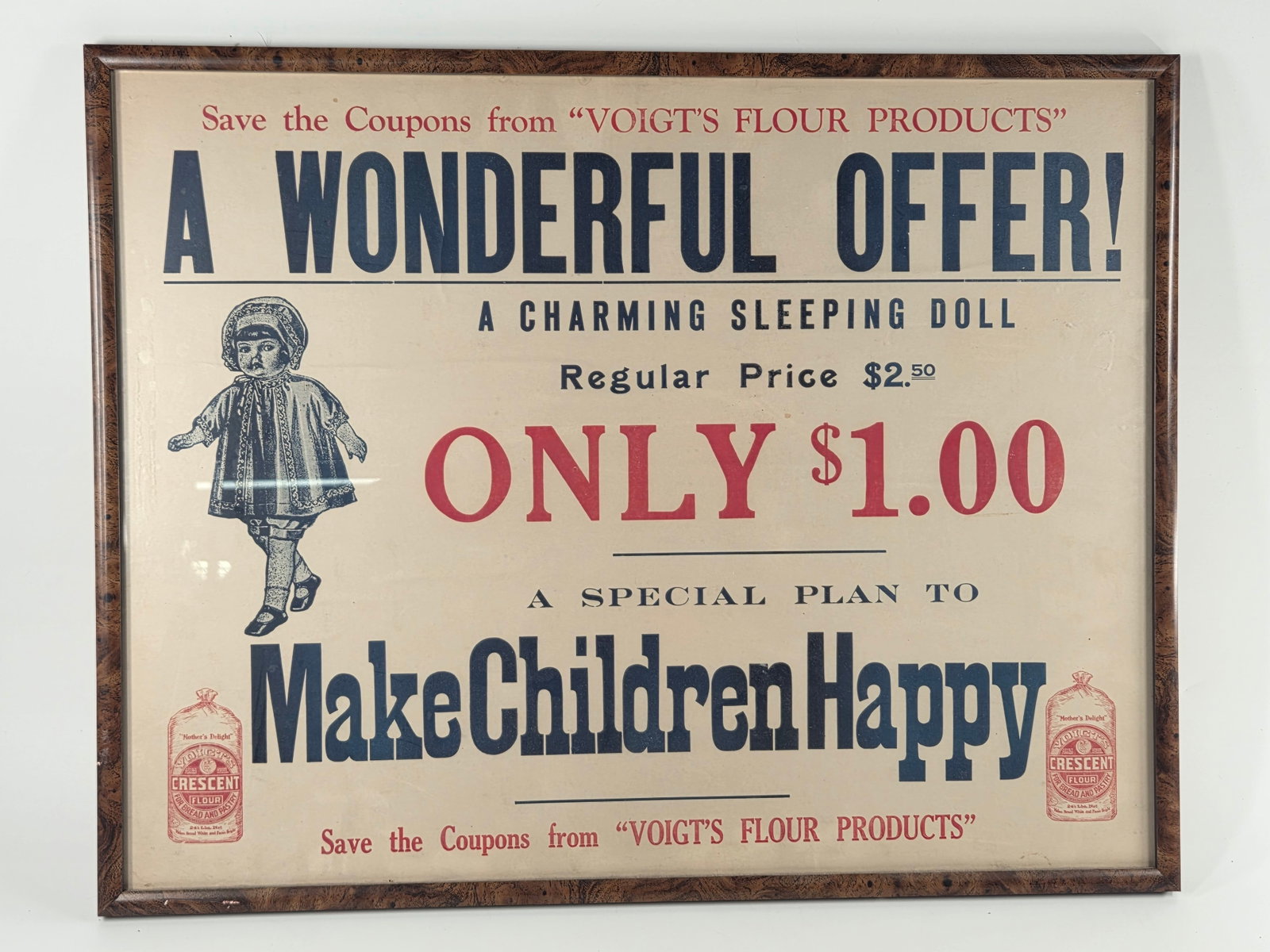 VOIGHT'S CRESCENT FLOUR SLEEPING DOLL PROMO STORE SIGN: SIGN REMAINS IN VERY GOOD CONDITION - SHRINK ON BACKER