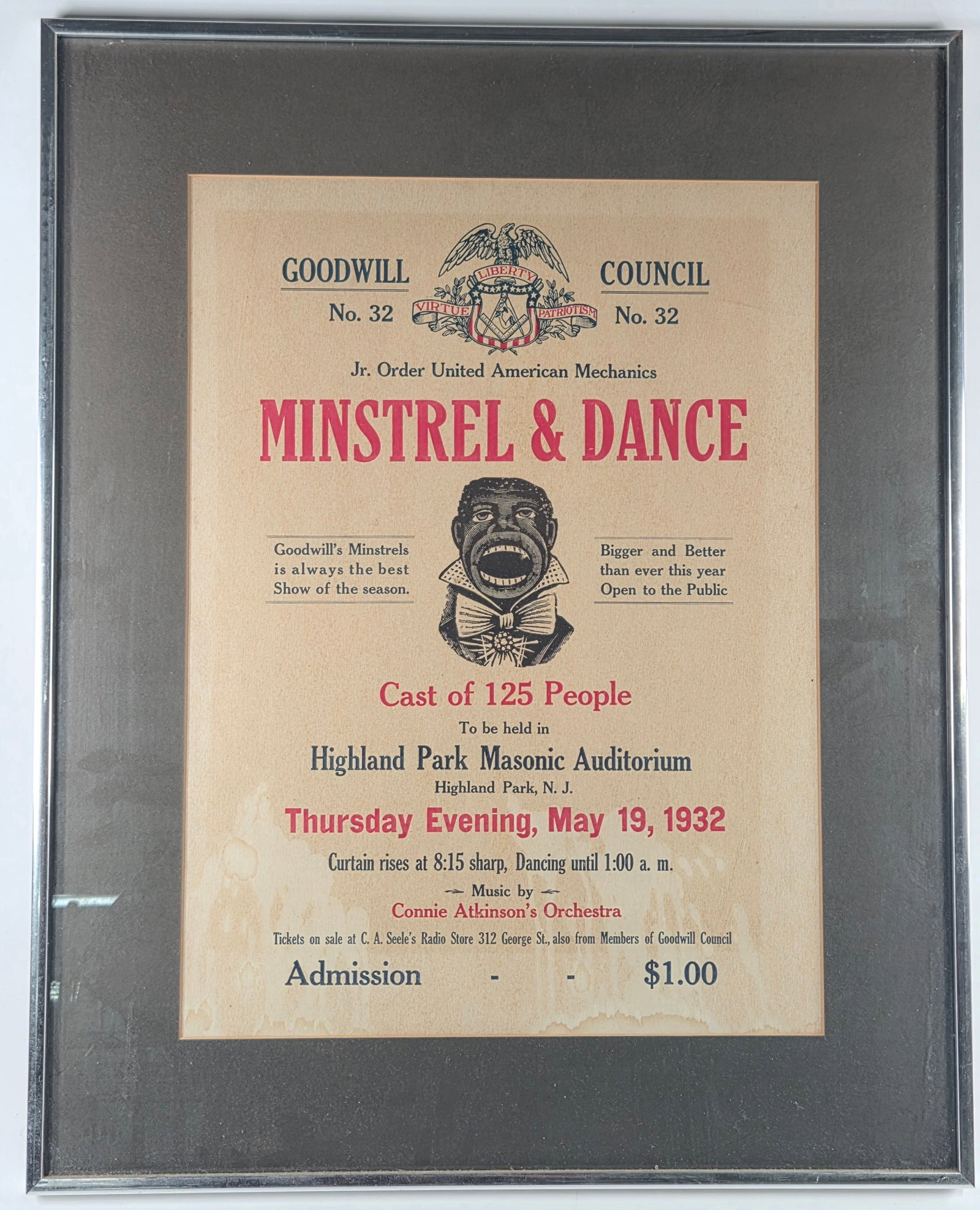 HIGHLAND PARK NJ MINSTREL SHOW & DANCE BROADSIDE POSTER: SIGN REMAINS IN VERY GOOD CONDITION WITH SOME DISCOLORATION - FRAMED
