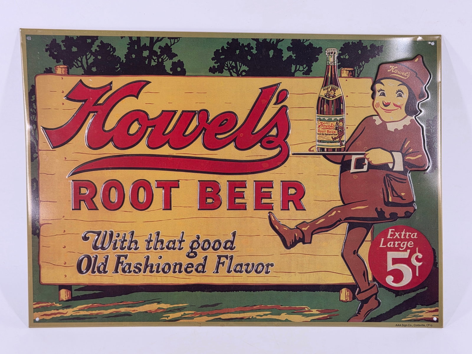 HOWEL'S ROOT BEER EMBOSSED METAL ADVERTISING SIGN: FROM AAA SIGN CO - REMAINS IN VERY GOOD CONDITION