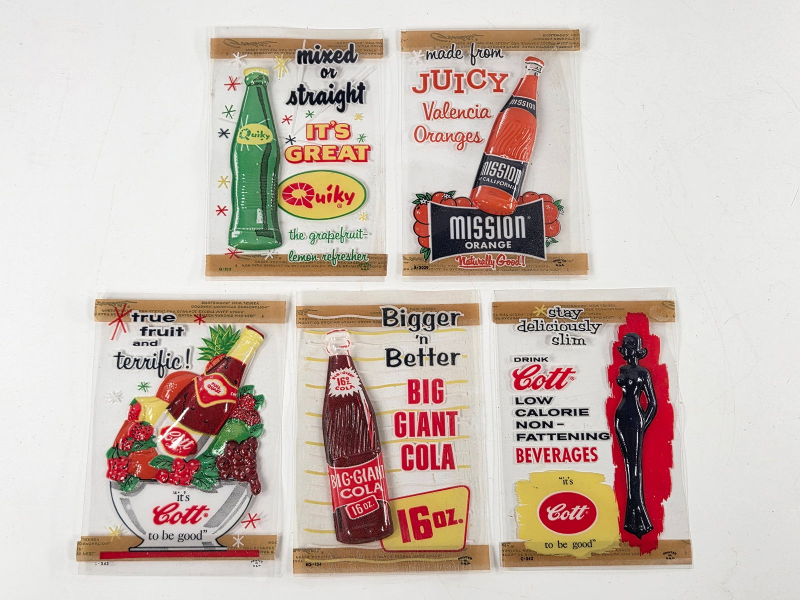 5) SODA ADVERTISING DECALS UNUSED - QUIKY MISSION COTT: GROUP REMAINS IN VERY GOOD CONDITION