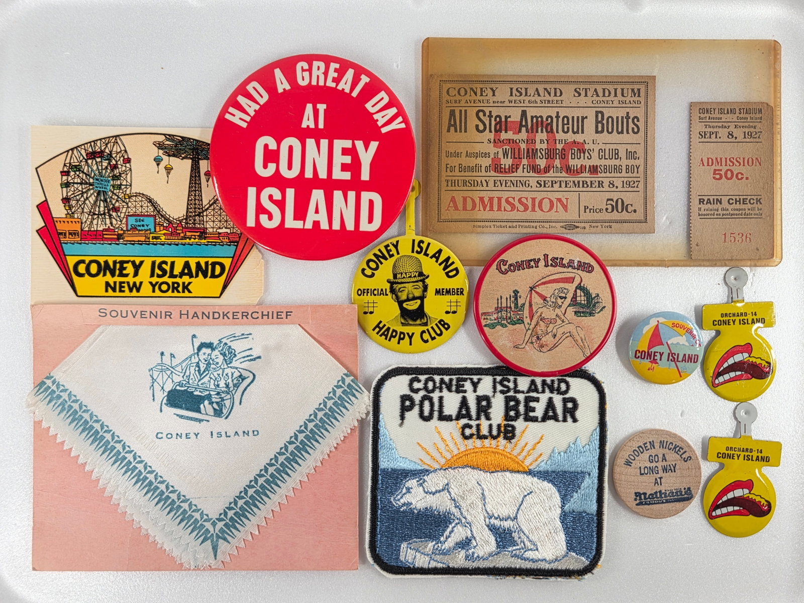 CONEY ISLAND SOUVENIR LOT - HAPPY CLUB, STICKER, TICKETS: GROUP REMAINS IN VERY GOOD CONDITION