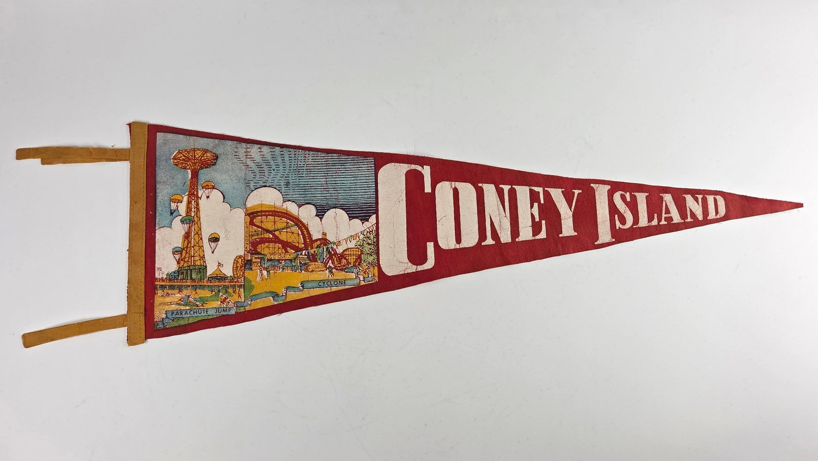 28" CONEY ISLAND FELT PENNANT - PARACHUTE JUMP, CYCLONE: REMAINS IN GOOD CONDITION - BRIGHT ILLUSTRATION - SOME GENERAL WEAR