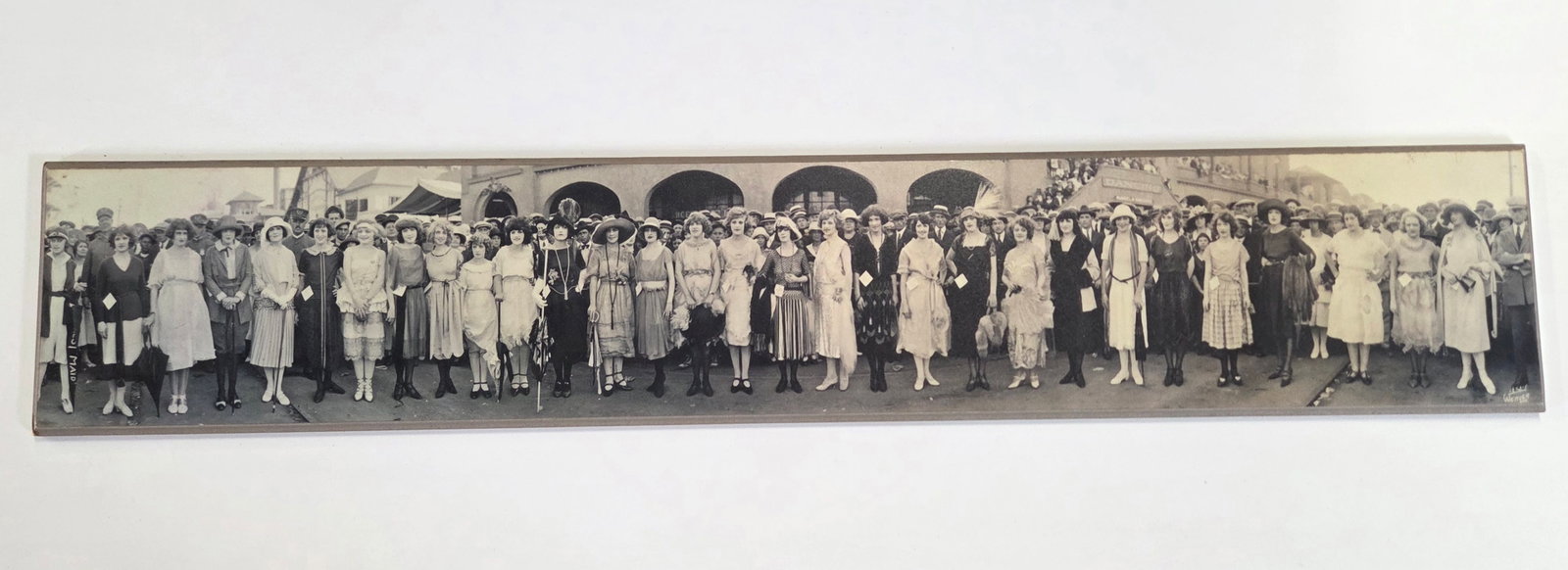 YARD LONG PANORAMIC GROUP PHOTO FLAPPER DRESSES: YARD LONG PHOTO FEATURING A LARGE GATHERING OF WOMEN IN EXTRAVAGANT PERIOD CLOTHING - MODERN PRINT - REMAINS IN VERY GOOD CONDITION