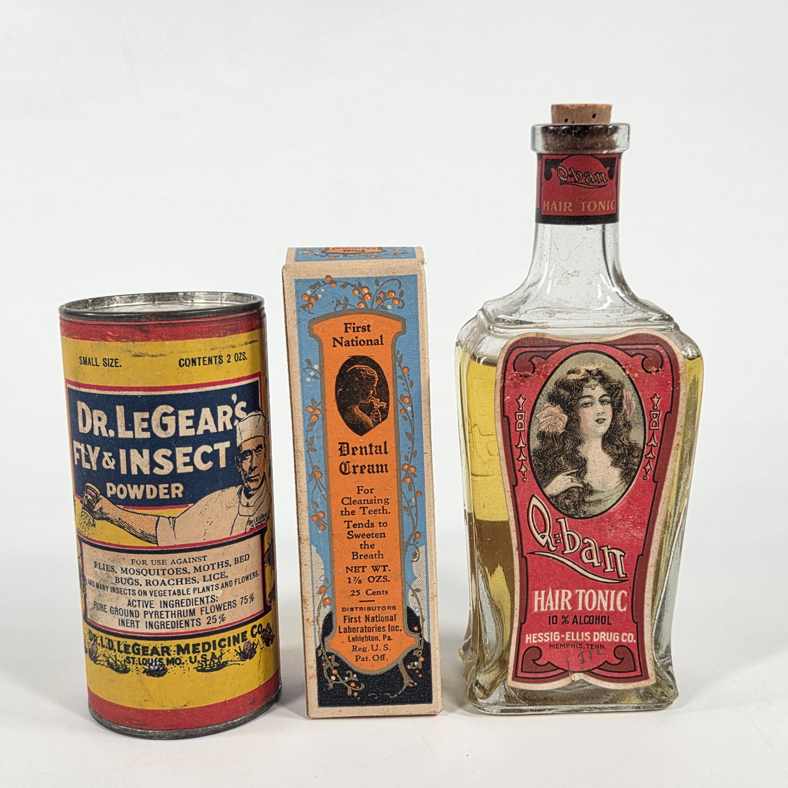 3) ANTIQUE CONTAINERS - LEGEAR'S FLY POWDER, DENTAL, HAIR TONIC: GROUP REMAINS IN GOOD CONDITION WITH SOME LIGHT GENERAL WEAR