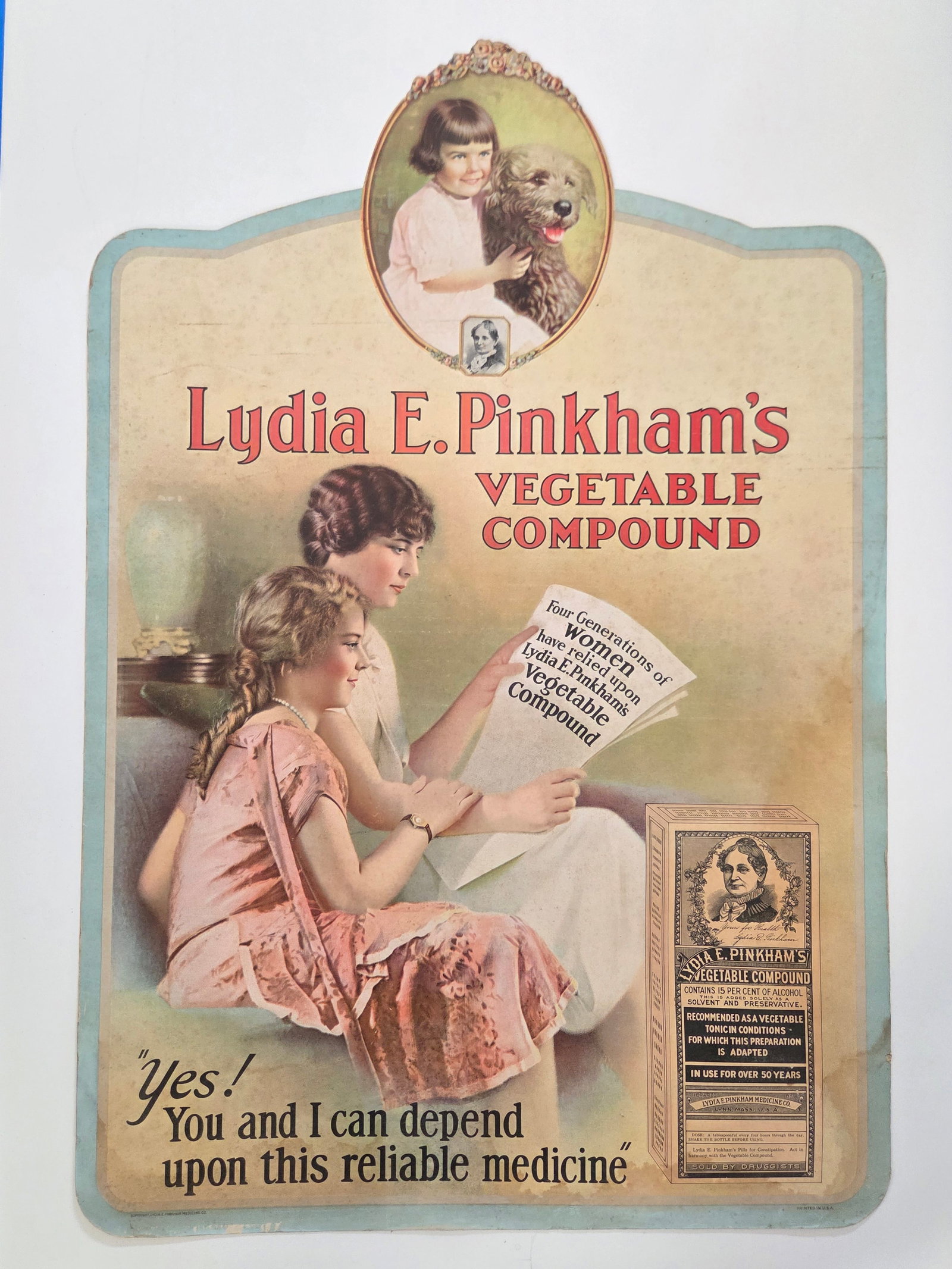 LYDIA PINKHAM'S VEGETABLE COMPOUND DIE CUT ADVERTISING POSTER: VERY GOOD CONDITION ANTIQUE POSTER WITH LIGHT DISCOLORATION