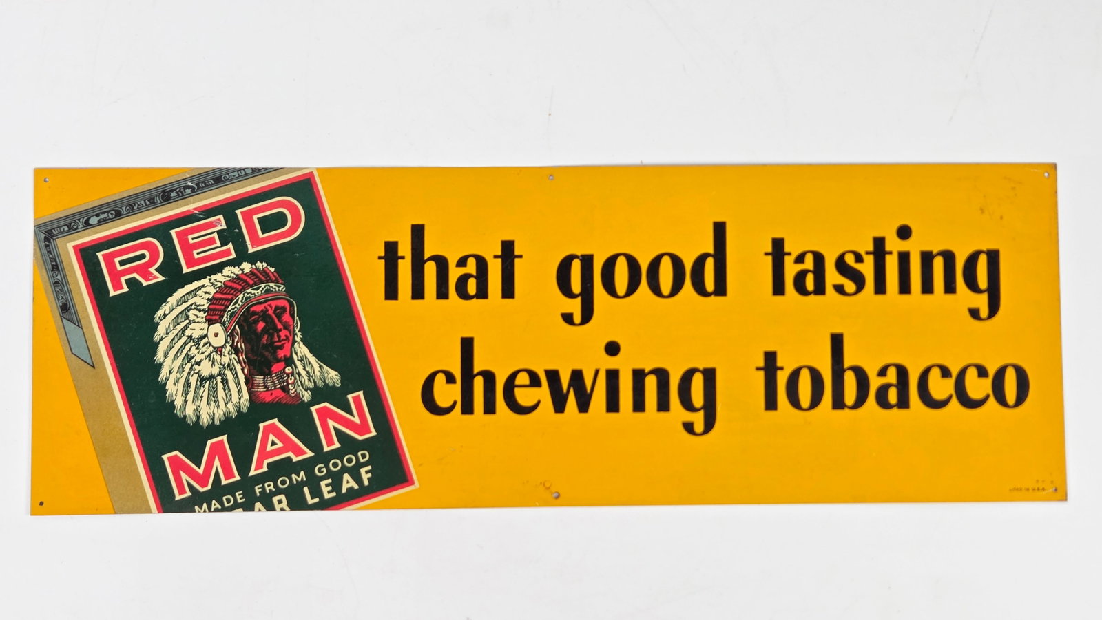 RED MAN CHEWING TOBACCO METAL LITHO ADVERTISING SIGN: REMAINS IN VERY GOOD CONDITION WITH FEW LIGHT MARKS