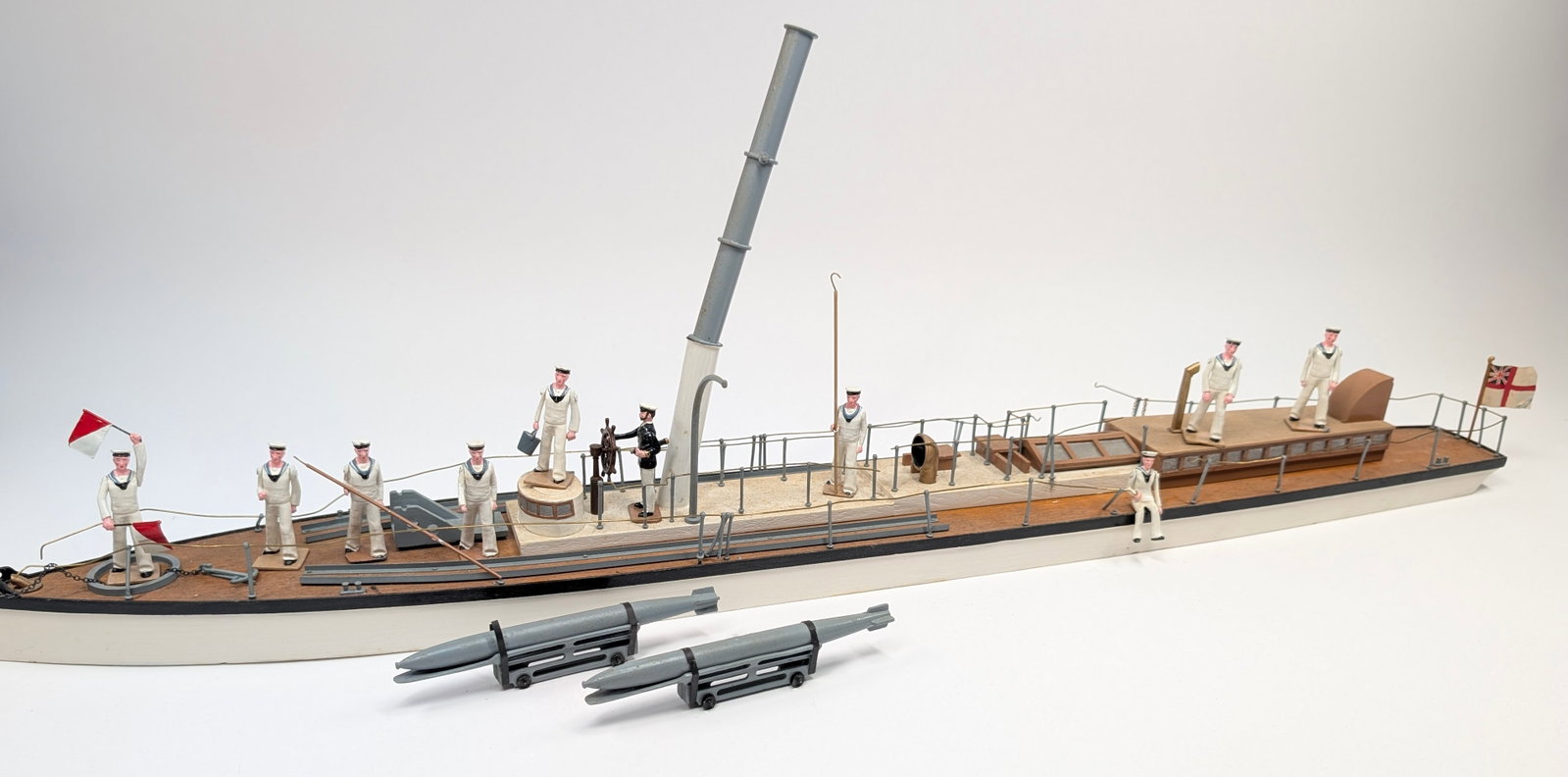 CUSTOM MADE WOOD NAVAL SHIP DIORAMA W/ LEAD SOLDIERS: REMAINS IN GOOD CONDITION, SHOWING SOME LOOSE ROPES. DUSTY, NEEDING CLEANED.
