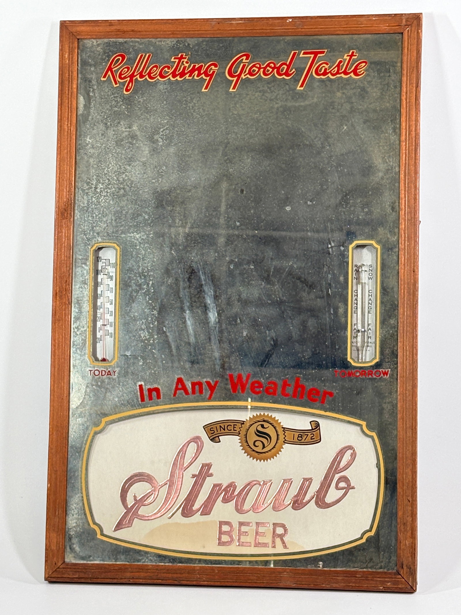 STRAUB BEER ADVERTISING MIRROR THERMOMETER BAROMETER: REMAINS IN GOOD CONDITION, SHOWING SOME TYPICAL WEAR. NEEDS CLEANED.