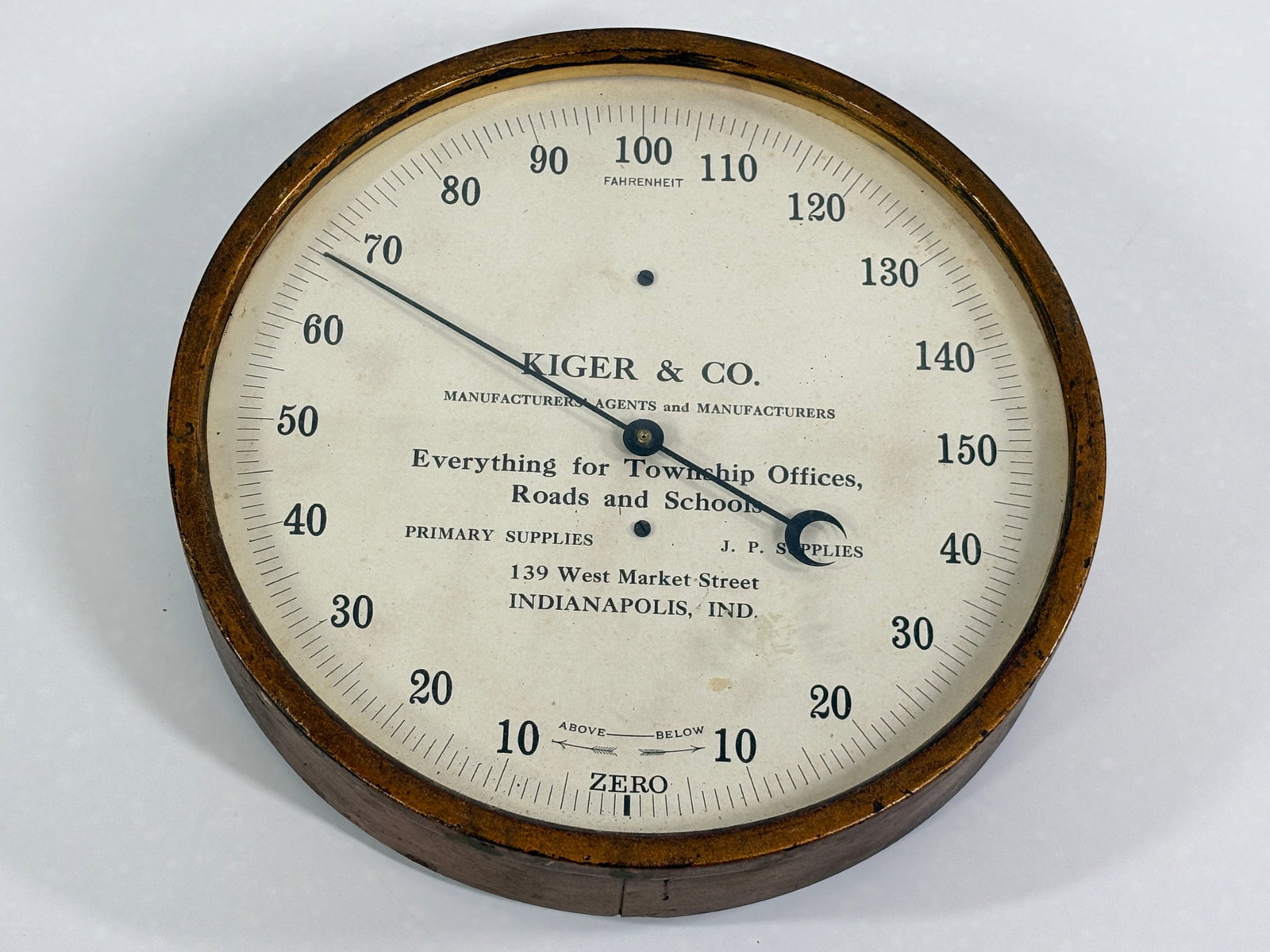 KIGER & CO. INDIANAPOLIS, IND. ADVERTISING THERMOMETER: REMAINS IN FAIR TO GOOD CONDITION, SHOWING TYPICAL WEAR.