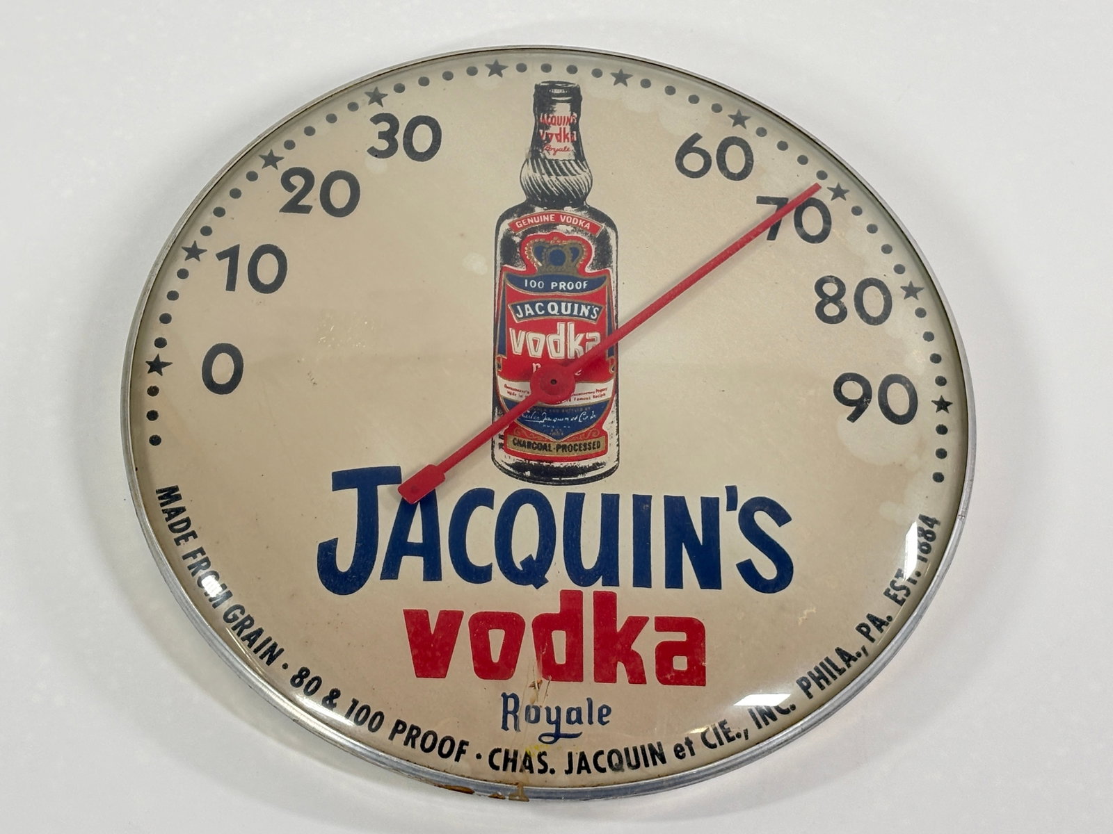 JACQUIN'S VODKA ADVERTISING THERMOMETER: REMAINS IN GOOD CONDITION, SHOWING SOME TYPICAL WEAR.