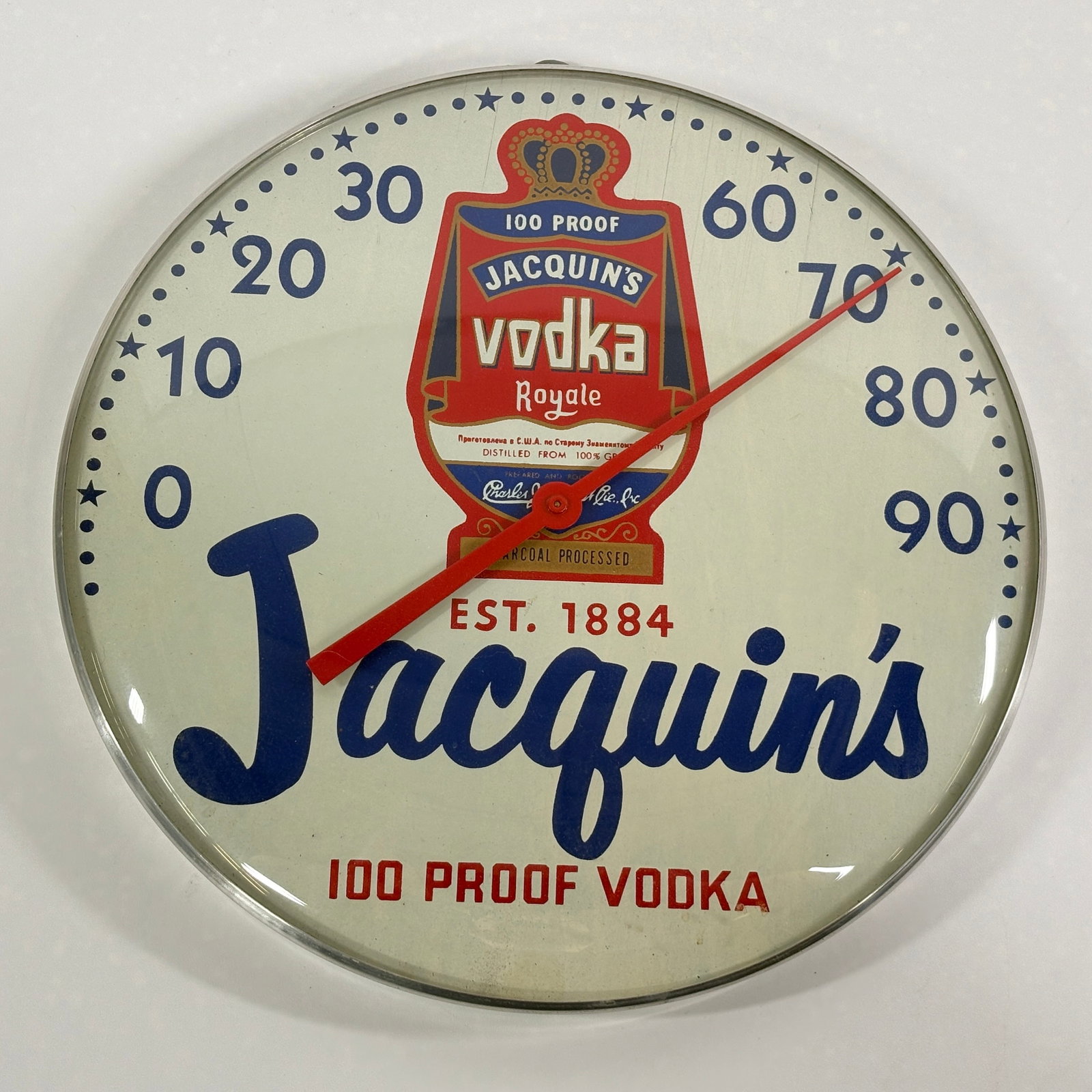 JACQUIN'S VODKA ADVERTISING THERMOMETER: REMAINS IN GOOD CONDITION, SHOWING SOME TYPICAL WEAR.