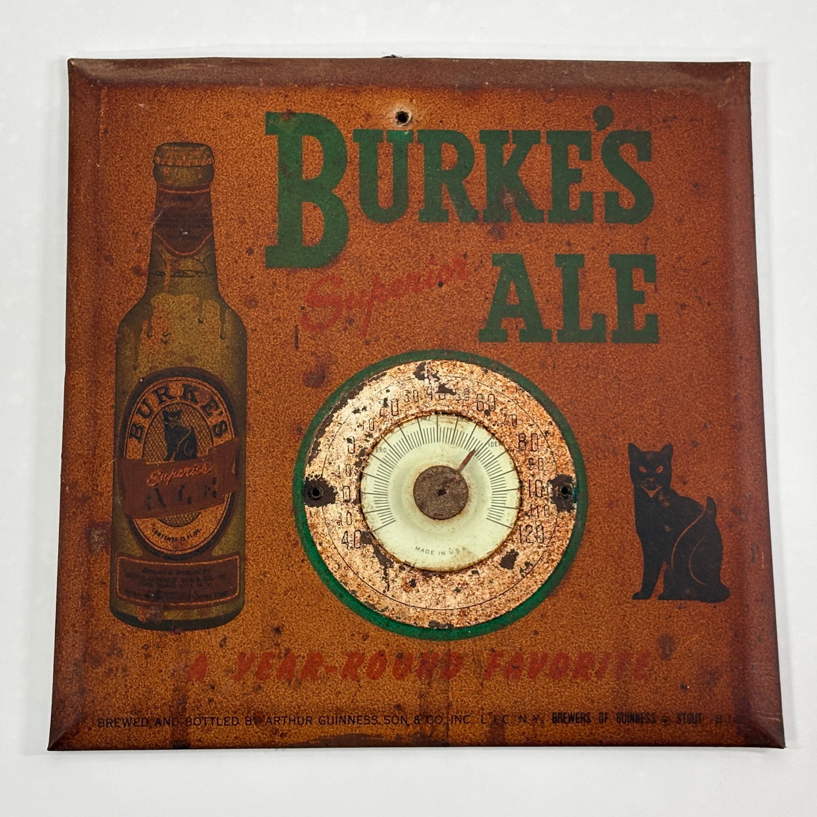 DUKE'S ALE BLACK CAT ADVERTISING THERMOMETER - POOR: REMAINS IN POOR CONDITION, SHOWING WEAR THROUGHOUT.