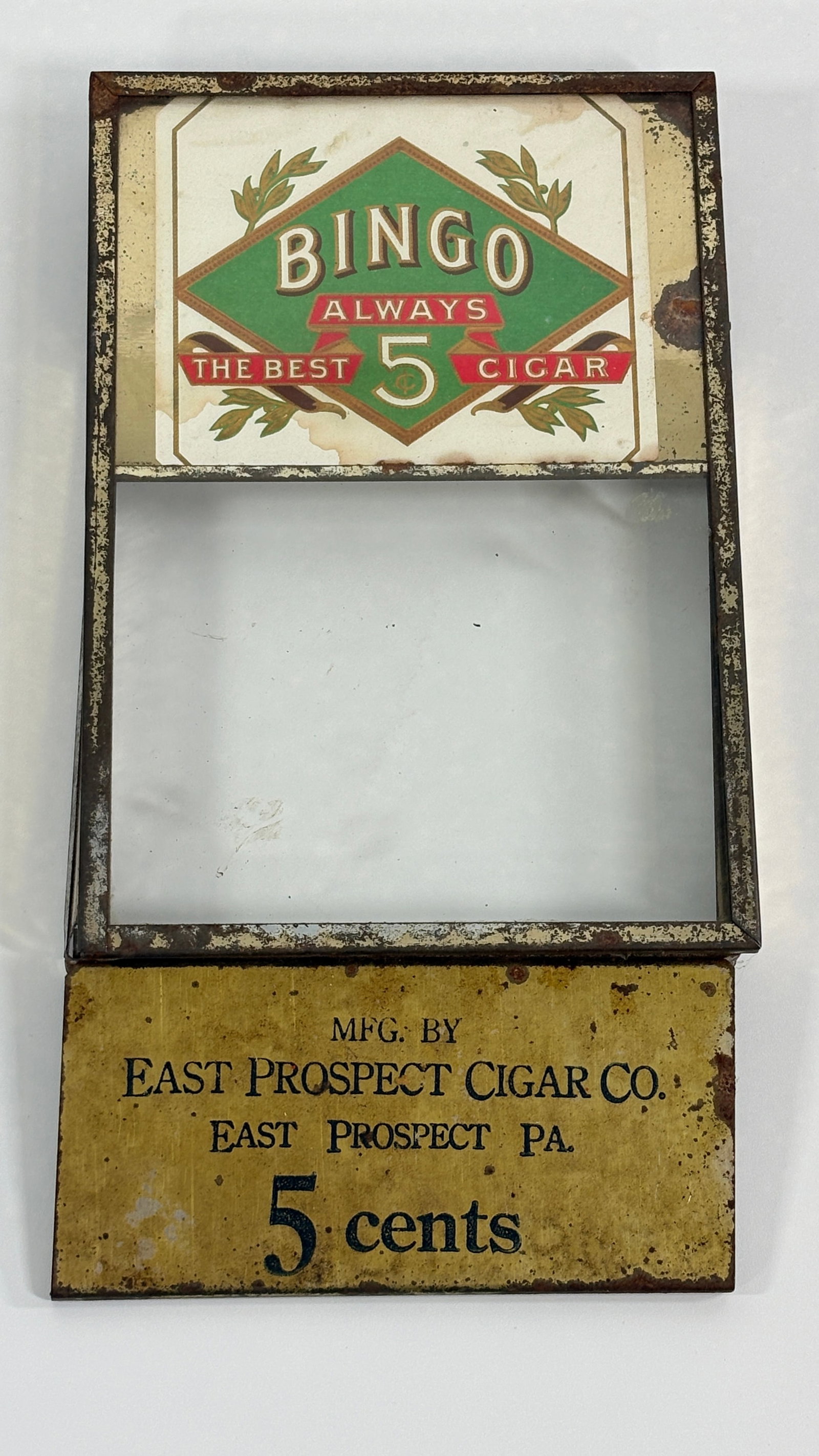 EAST PROSPECT PA CIGAR CO. TOBACCO LID: REMAINS IN FAIR CONDITION, SHOWING WEAR THROUGHOUT.