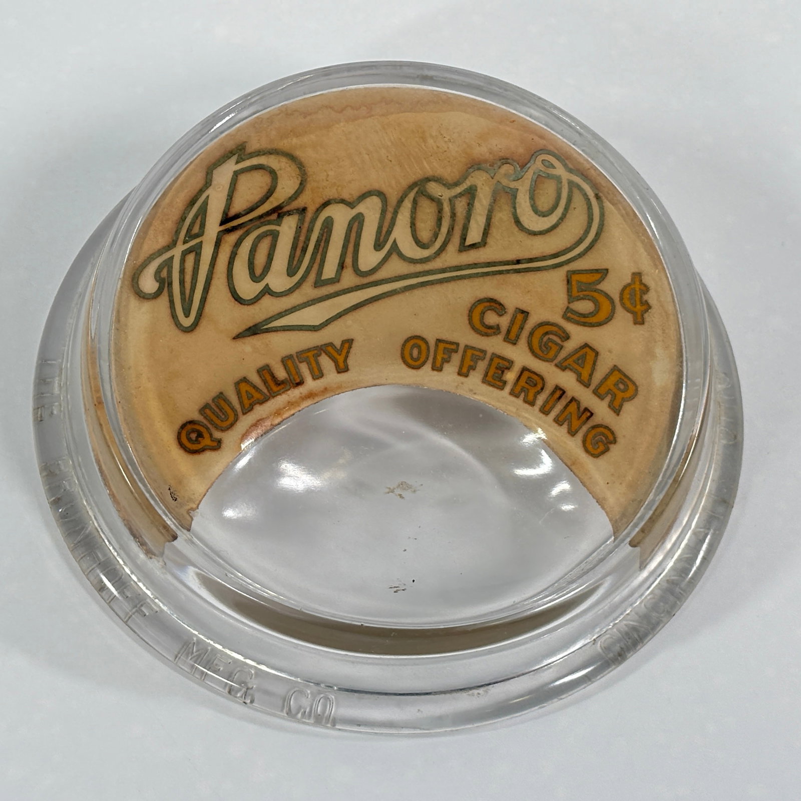 PANORO CIGAR ADVERTISING GLASS COUNTER ASHTRAY: REMAINS IN GOOD CONDITION, SHOWING SOME TYPICAL WEAR. NO CHIPS OR CRACKS.