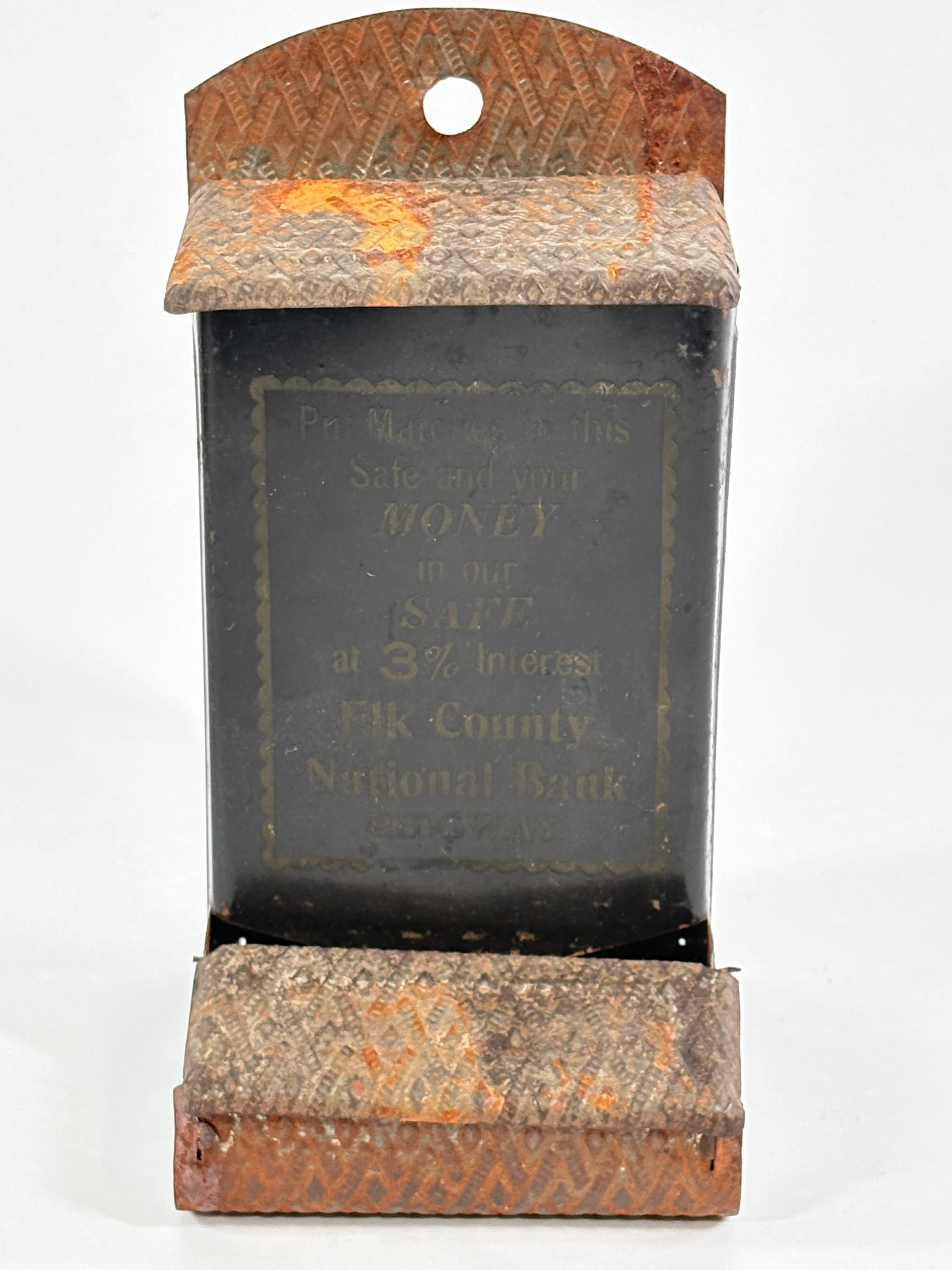 ELK COUNTY BANK ADVERTISING MATCH HOLDER: REMAINS IN FAIR TO GOOD CONDITION, SHOWING SOME TYPICAL WEAR.
