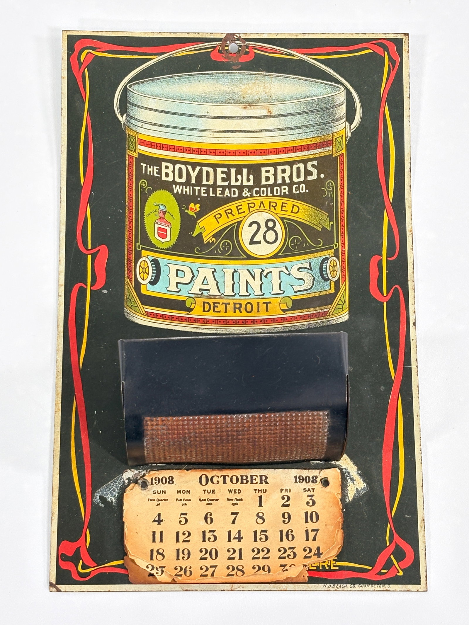 1908 BOYDELL BROS. PAINT CAN CALENDER ADVERTISING MATCH HOLDER: REMAINS IN GOOD CONDITION, SHOWING SOME TYPICAL WEAR. CALENDAR MISSING MOST PAGES.