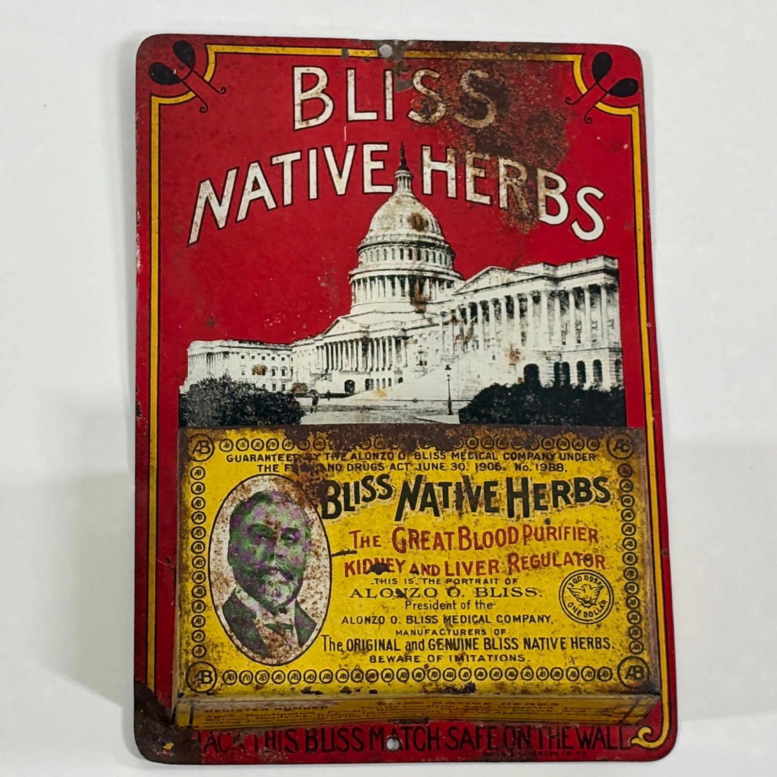 BILL NATIVE HERBS ADVERTISING MATCH HOLDER: REMAINS IN FAIR CONDITION, SHOWING SOME TYPICAL WEAR.
