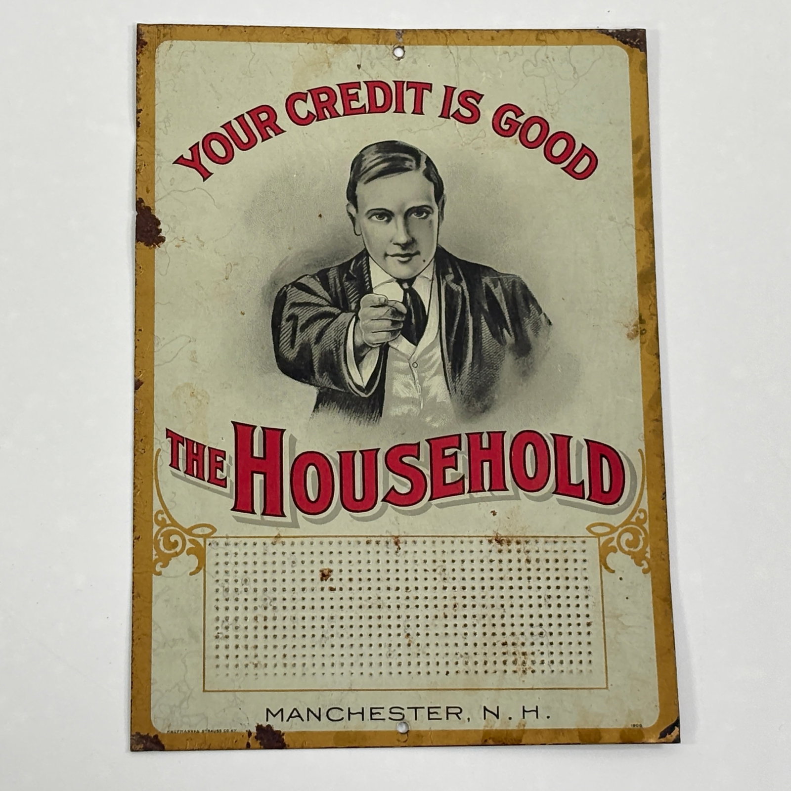 THE HOUSEHOLD CREDIT ADVERTISING HANGING MATCH STRIKER: REMAINS IN GOOD CONDITION, SHOWING SOME TYPICAL WEAR.