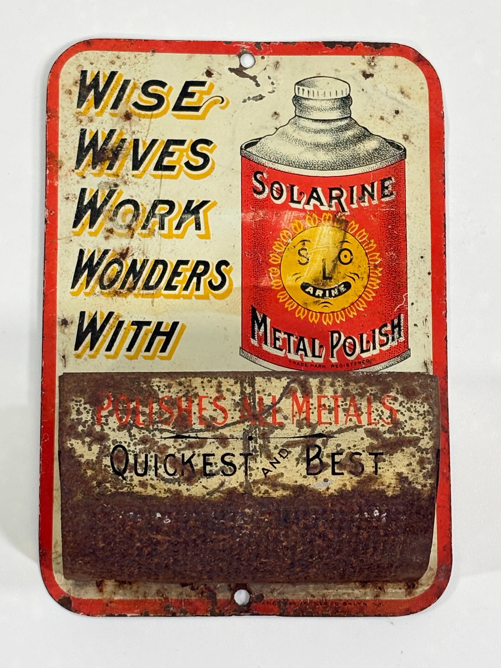 SOLARINE METAL POLISH ADVERTISING MATCH HOLDER: REMAINS IN FAIR CONDITION, SHOWING WEAR THROUGHOUT.