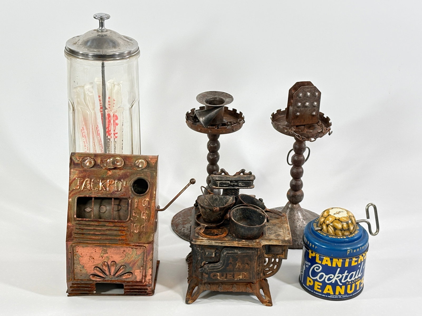 STRAW HOLDER, CANDLESTICKS, TOY STOVE, SLOT MACHINE +