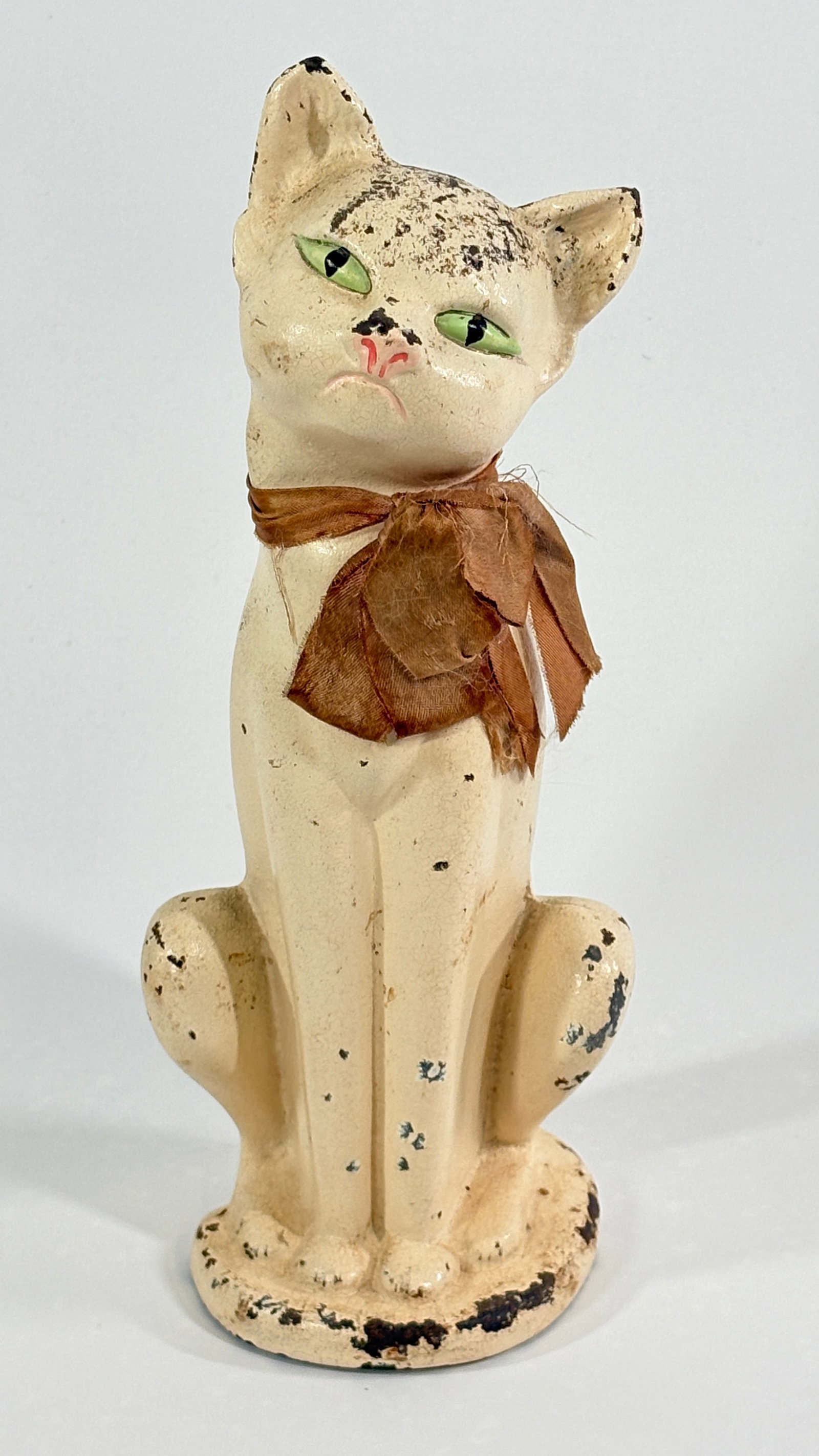 ANTIQUE WHITE PAINTED SITTING CAT CAST IRON DOORSTOP