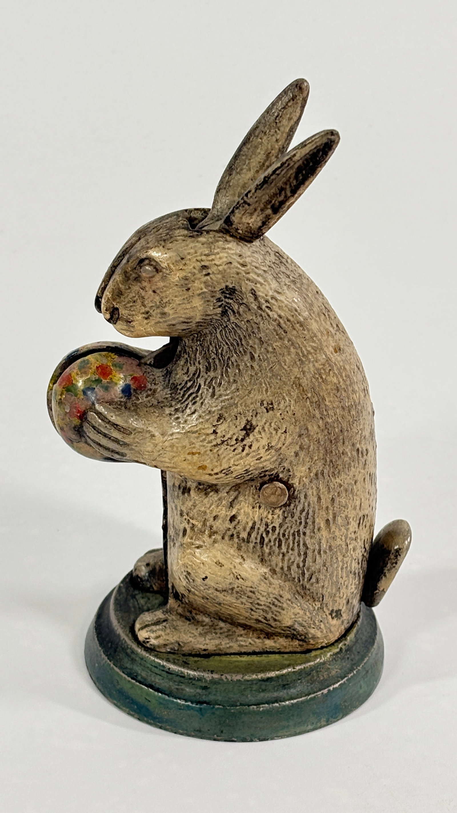 ANTIQUE PAINTED CAST IRON MECHANICAL BUNNY W/ EGG BANK: REMAINS IN GOOD CONDITION, SHOWING NICE ORIGINAL PAINT AND PATINA.