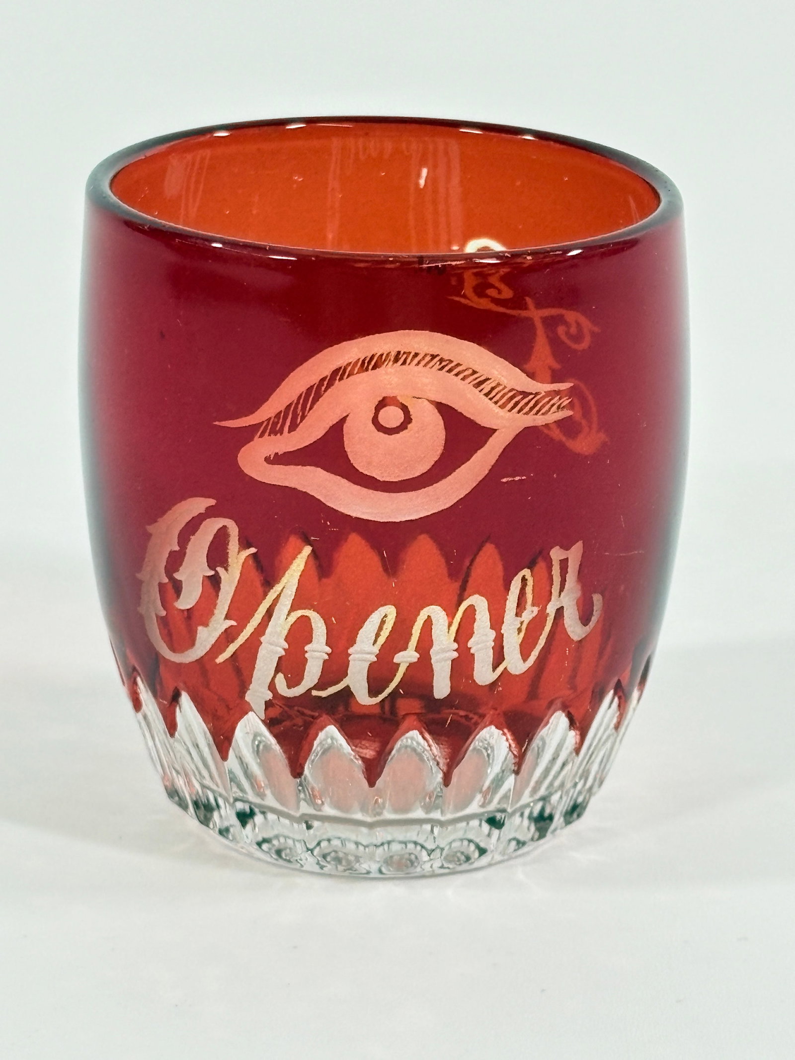ANTIQUE RUBY GLASS "EYE OPENER" SHOT GLASS TOOTHPICK: REMAINS IN GOOD CONDITION, NO CHIPS OR CRACKS.