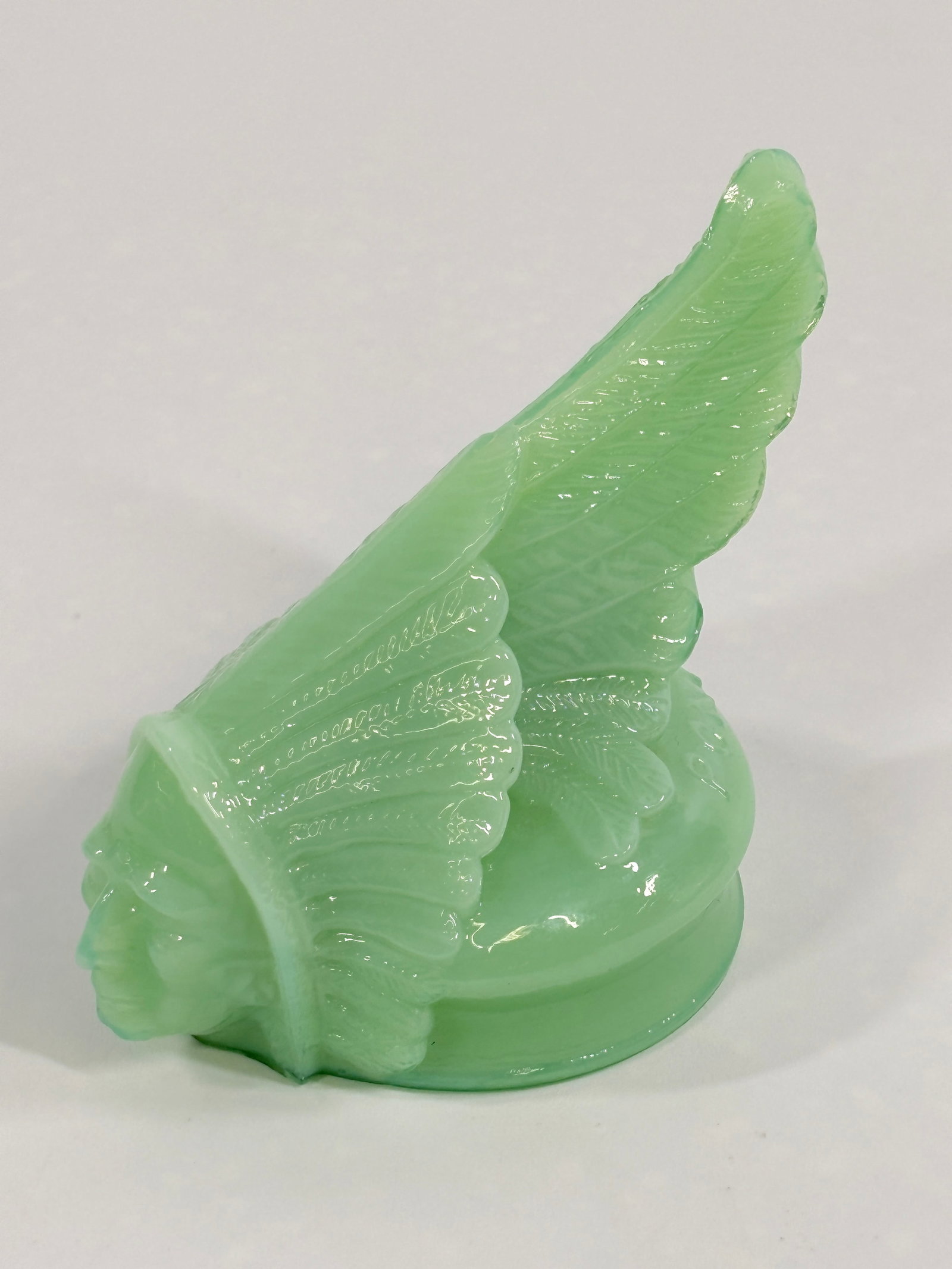 GREEN JADEITE GLASS PONTIAC INDIAN CHIEF RADIATOR CAP: REMAINS IN EXCELLENT CONDITION, NO CHIPS OR CRACKS.