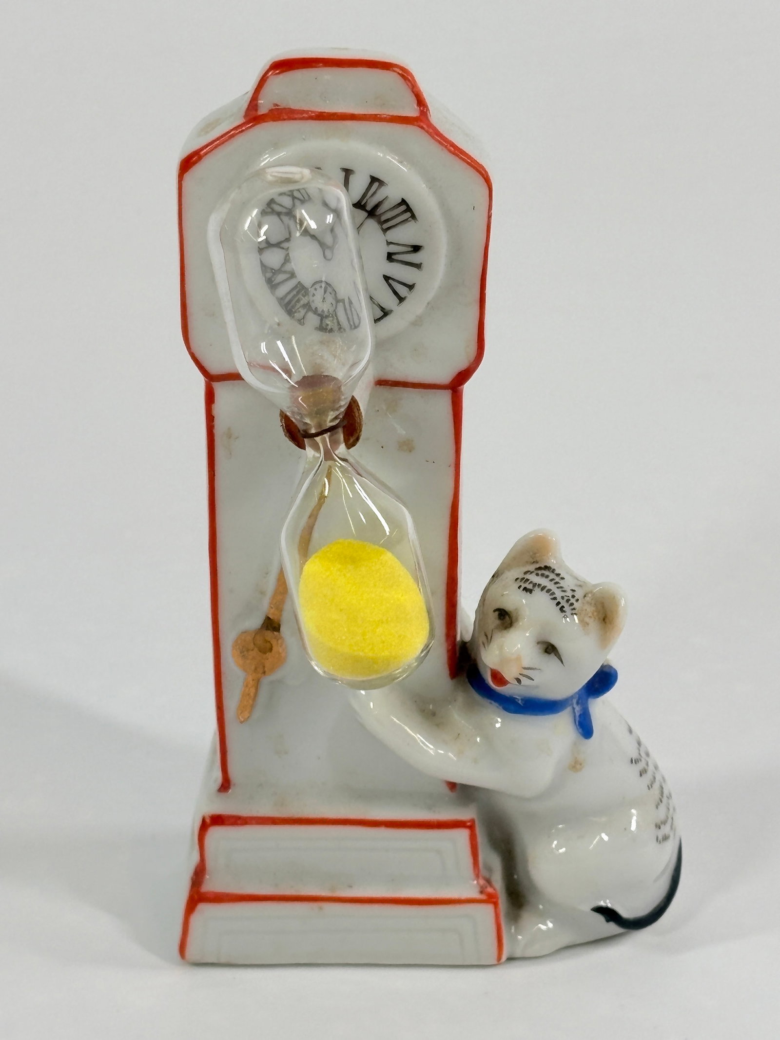 JAPAN BISQUE CAT GRANDFATHER CLOCK KITCHEN TIMER: REMAINS IN GOOD CONDITION, SHOWING SOME LIGHT WEAR. NEEDS CLEANED. NO CHIPS OR CRACKS.