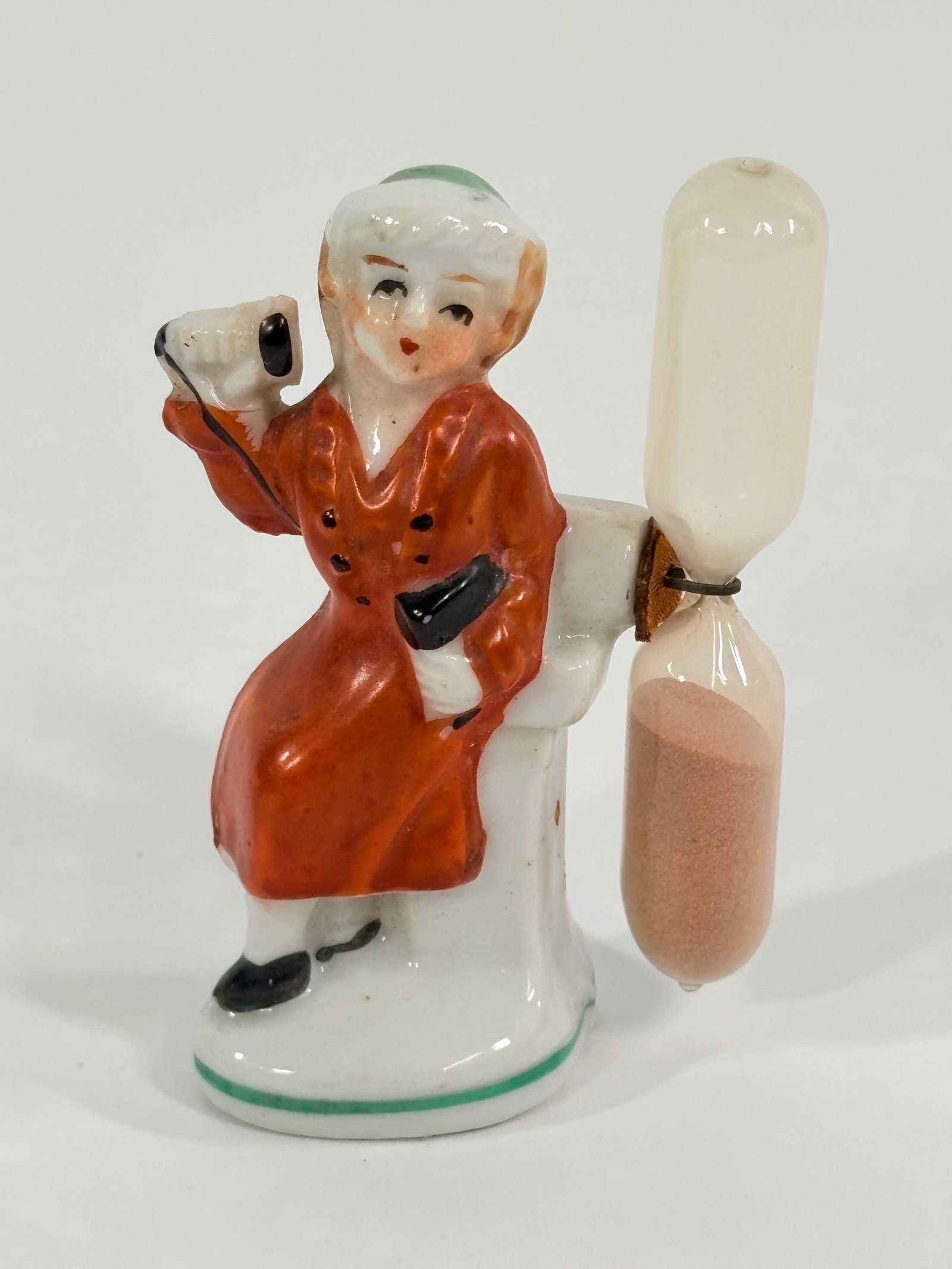 JAPAN BISQUE LADY ON TELEPHONE KITCHEN TIMER: REMAINS IN GOOD CONDITION, SHOWING SOME TYPICAL WEAR. NO CHIPS OR CRACKS.