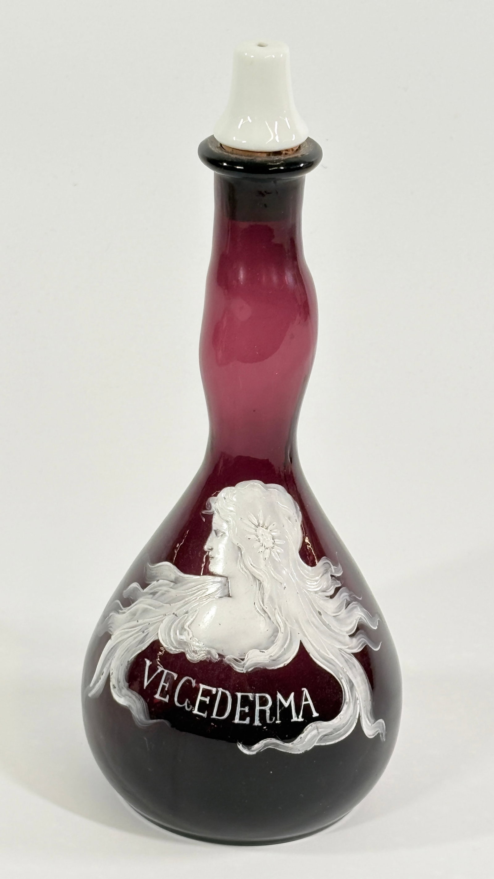 ANTIQUE CRANBERRY GLASS HAND PAINTED VECEDERMA BARBERS BOTTLE: REMAINS IN VERY GOOD CONDITION, NO CHIPS OR CRACKS.