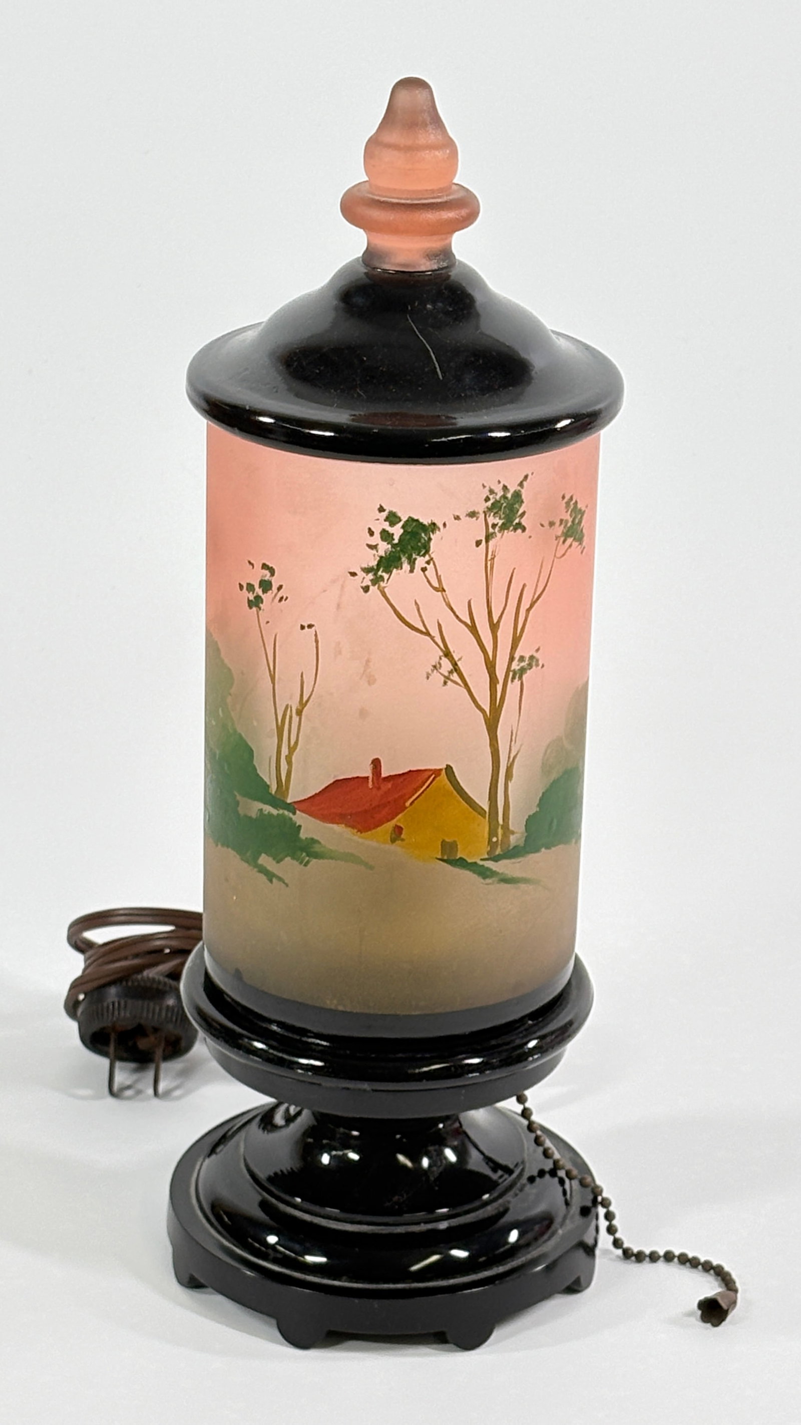 ANTIQUE TIFFIN HAND PAINTED PINK GLASS ACCENT LAMP: REMAINS IN VERY GOOD CONDITION, SHOWING SOME PAINT WEAR. NO CHIPS OR CRACKS.
