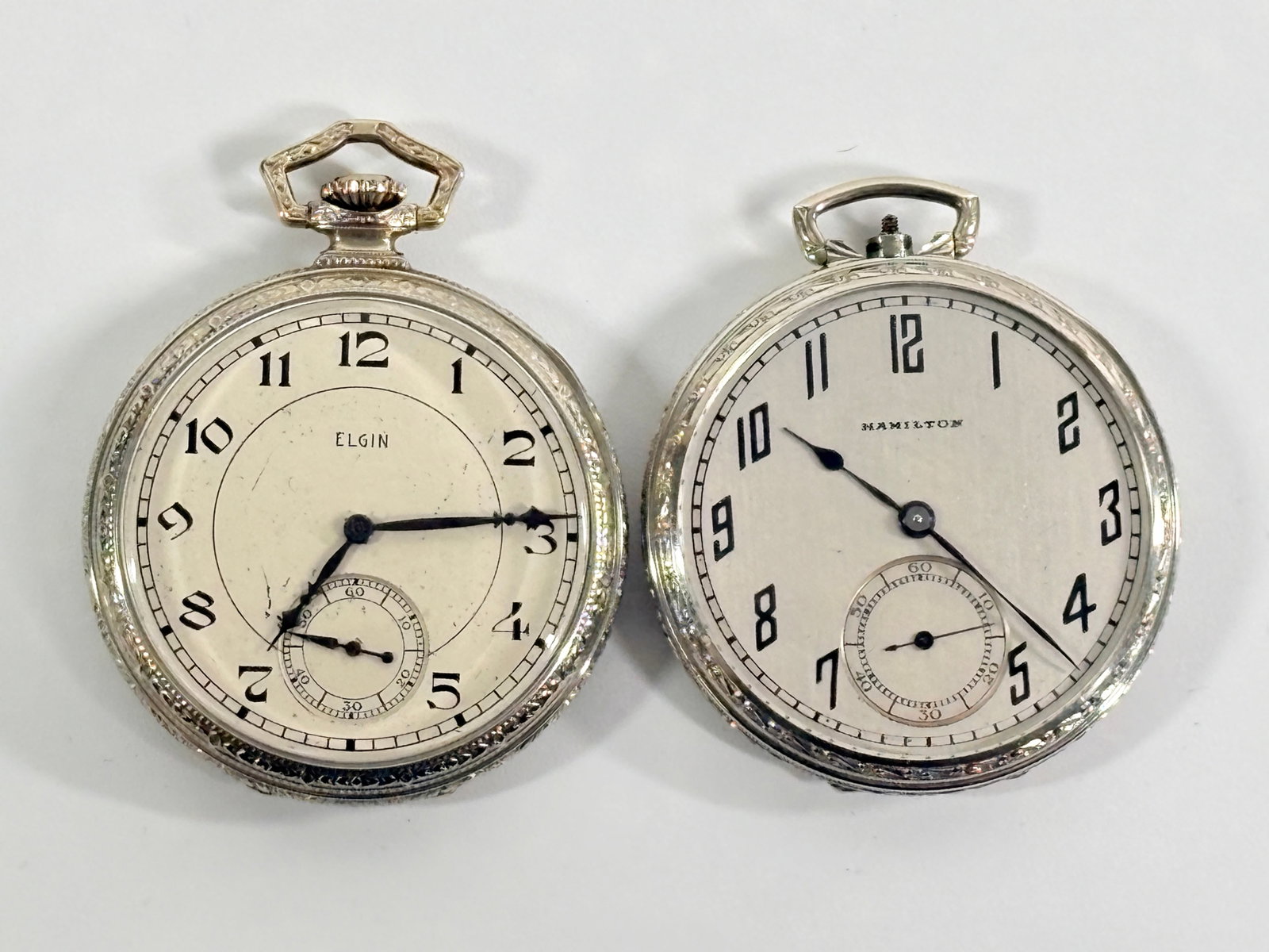 14K GOLD FILLED WADSWORTH & ELGIN POCKET WATCHES: BOTH REMAIN IN GOOD CONDITION, SHOWING TYPICAL WEAR. BOTH CURRENTLY NOT RUNNING.