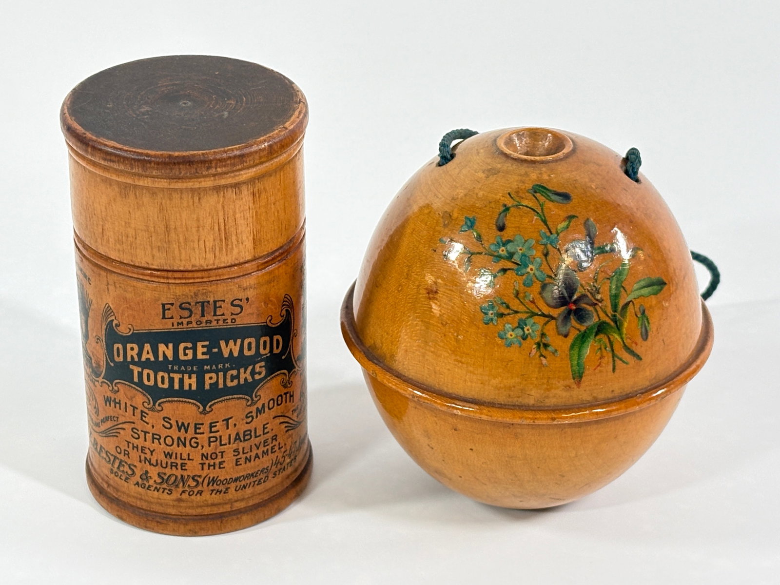 WOOD TOOTHPICK HOLDER & WOOD STRING BALL: BOTH REMAIN IN GOOD CONDITION, SHOWING SOME TYPICAL WEAR.