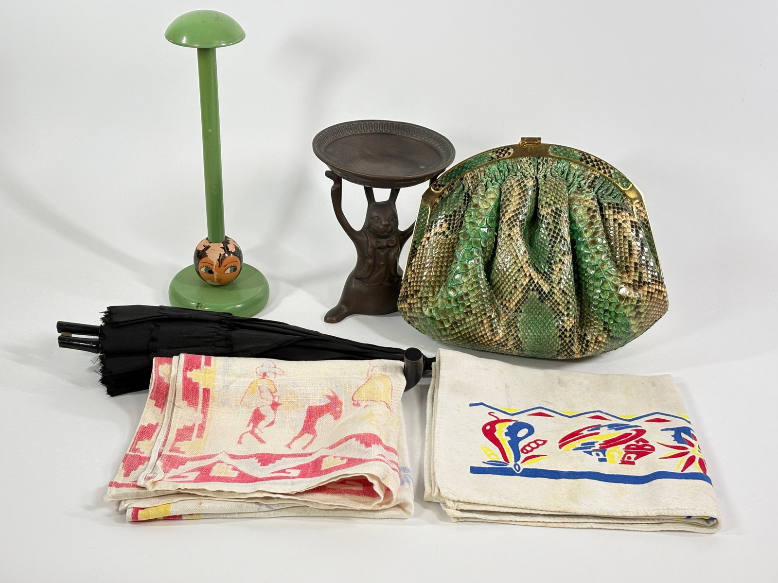 TABLECLOTH, PARASOL, SNAKESKIN BAG, HAT STAND +: ALL REMAIN IN GOOD CONDITION, SHOWING SOME TYPICAL WEAR.