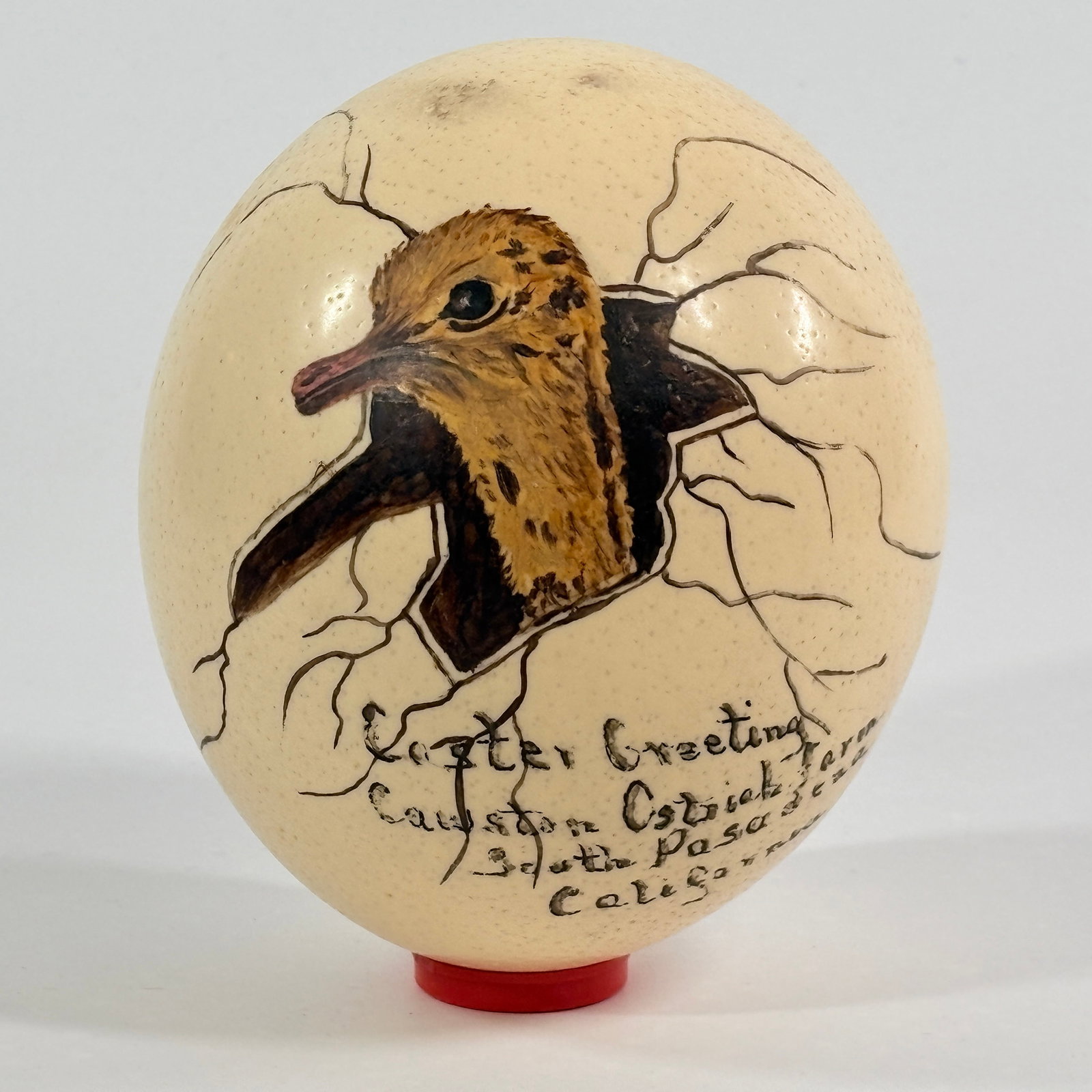 ANTIQUE HAND PAINTED OSTRICH EGG EASTER GREETINGS: REMAINS IN VERY GOOD CONDITION.