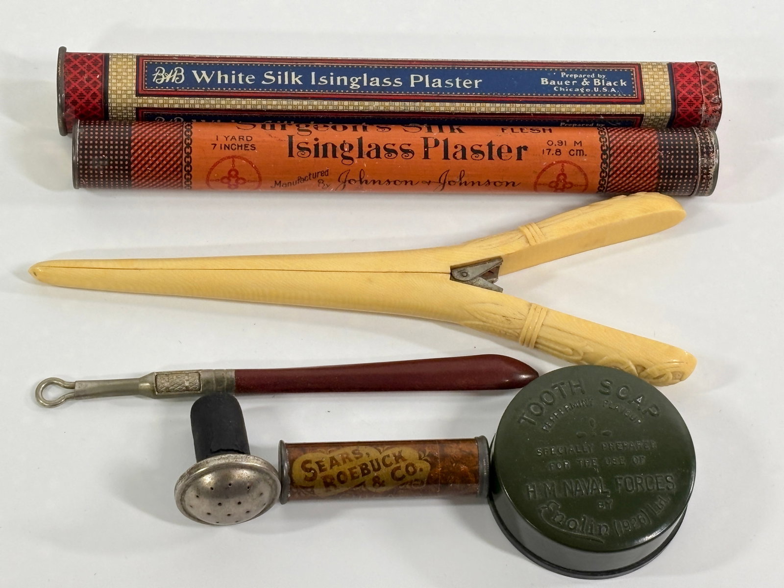ANTIQUE TOOTHBRUSH, SEWING, PLASTER +: ALL REMAIN IN FAIR TO GOOD CONDITION, SHOWING SOME TYPICAL WEAR.
