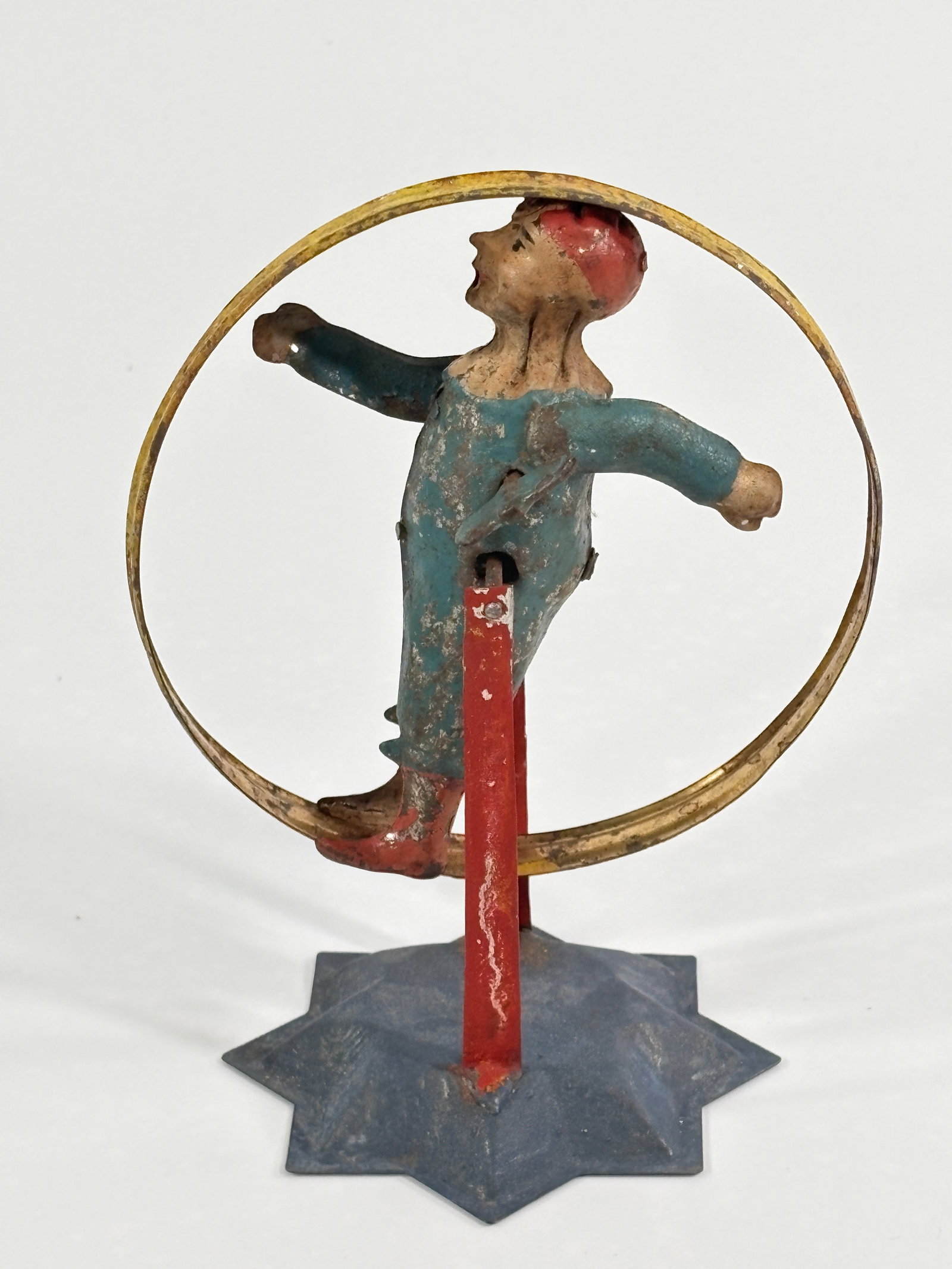 ANTIQUE GERMAN TIN PAINTED WIND UP ACROBAT TOY: REMAINS IN FAIR TO GOOD CONDITION, SHOWING PAINT WEAR. NEEDS CLEANED. WIND UP MECHANISM DOES NOT WORK.
