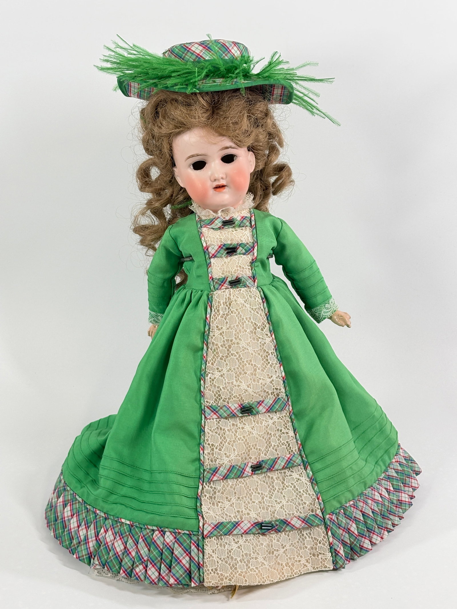 ANTIQUE D.R.G.M. GERMAN BISQUE DOLL: REMAINS IN GOOD CONDITION, SHOWING SOME TYPICAL WEAR. OUTFIT REMAINS NICE. UPDATED WIG.