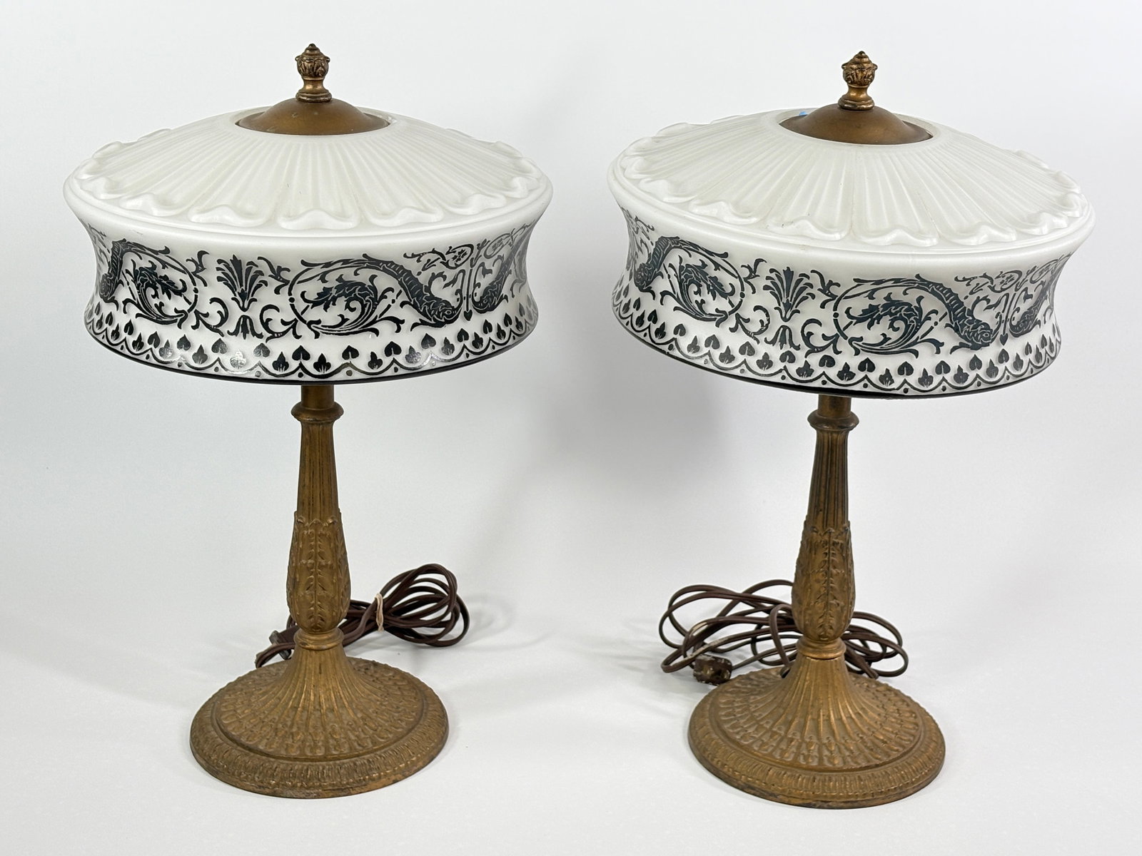 PAIR ANTIQUE ART DECO FROSTED GLASS TABLE LAMPS: BOTH REMAIN IN GOOD CONDITION, SHOWING SOME TYPICAL WEAR. BOTH SHADES WITH SMALL CHIP.