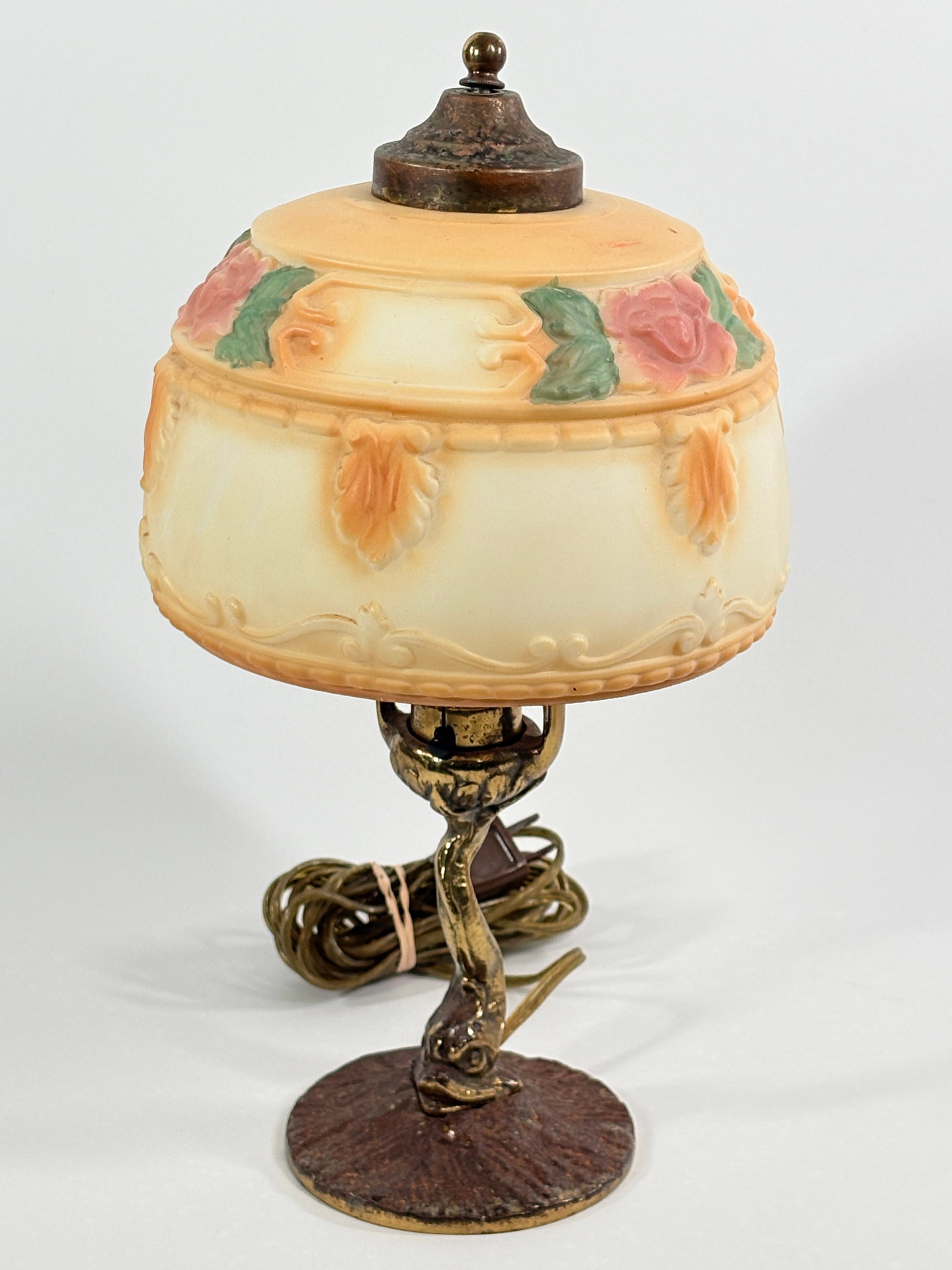 ANTIQUE DOLPHIN BASE TABLE LAMP W/ FROSTED GLASS SHADE: REMAINS IN GOOD CONDITION, SHOWING SOME TYPICAL WEAR. BASE NEEDS CLEANED.