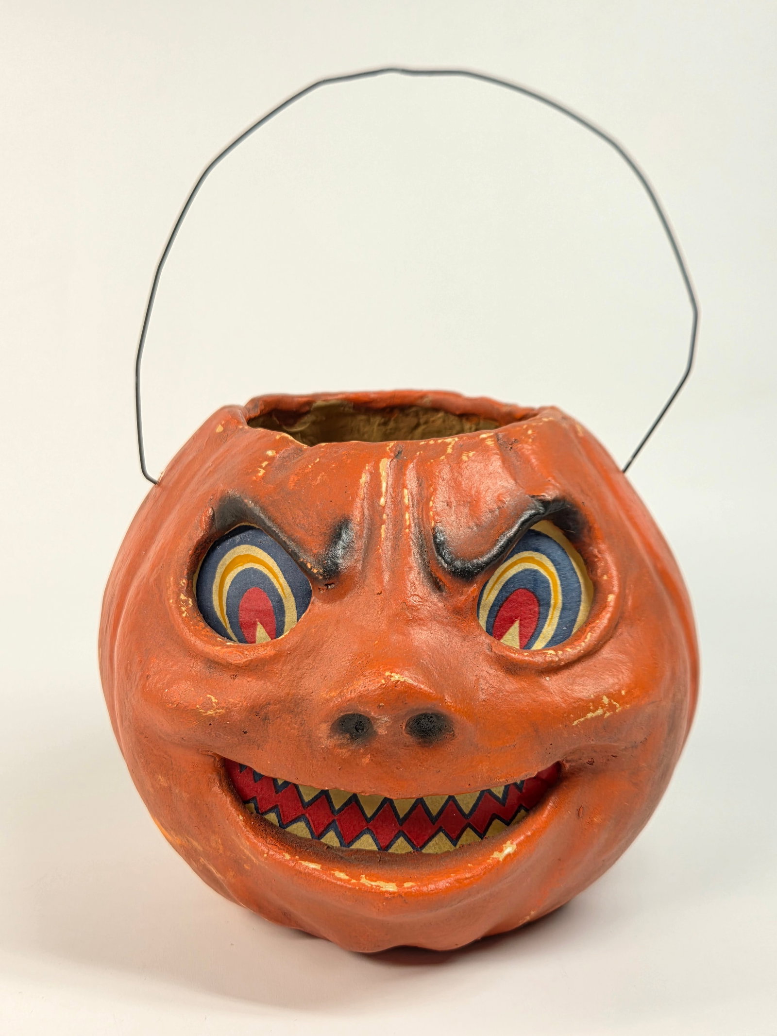 VINTAGE HAND MADE PLASTER OVER PAPER MACHE JOL BUCKET: REMAINS IN VERY GOOD CONDITION, SHOWING SOME LIGHT PAINT WEAR.
