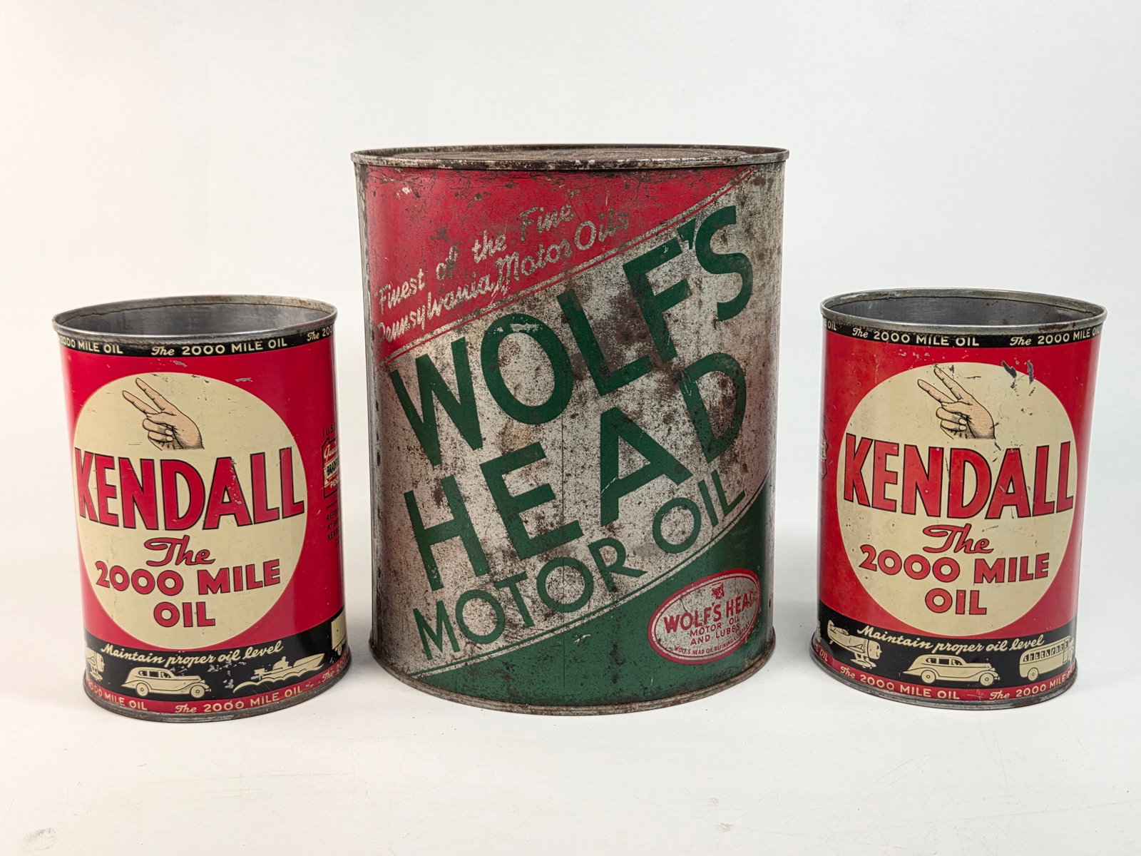 2) KENDALL & 1) WOLF'S HEAD MOTOR OIL CANS (1 of 4)