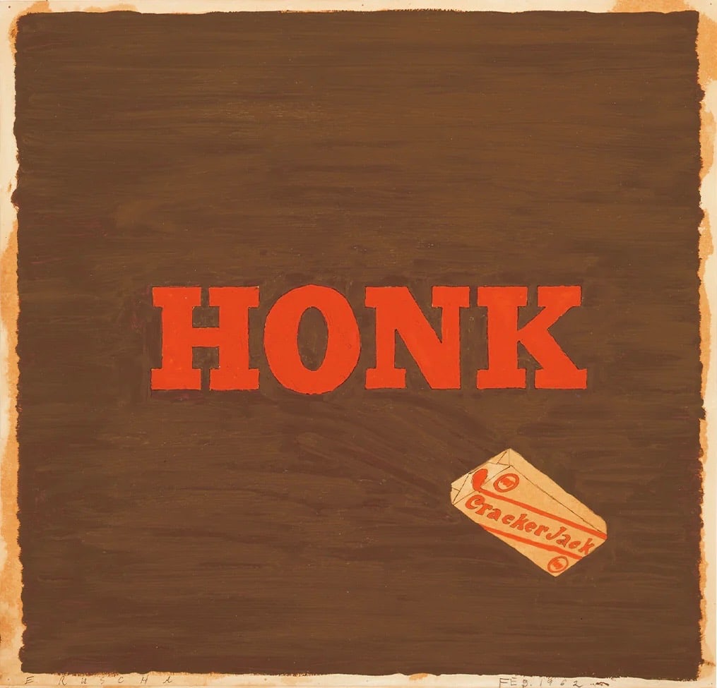 Ed Ruscha Honk (Cracker Jack) offset lithograph: Measures 21 x 21 inches, signed in the plate