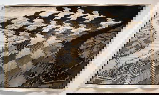 M.C. ESCHER (1898-1972) Day and Night: Offset lithograph in black and grey, 1938, on wove paper, signed in the plate , with margins staining in the margins, water damage , measures 34 x 19 3/4 inches
