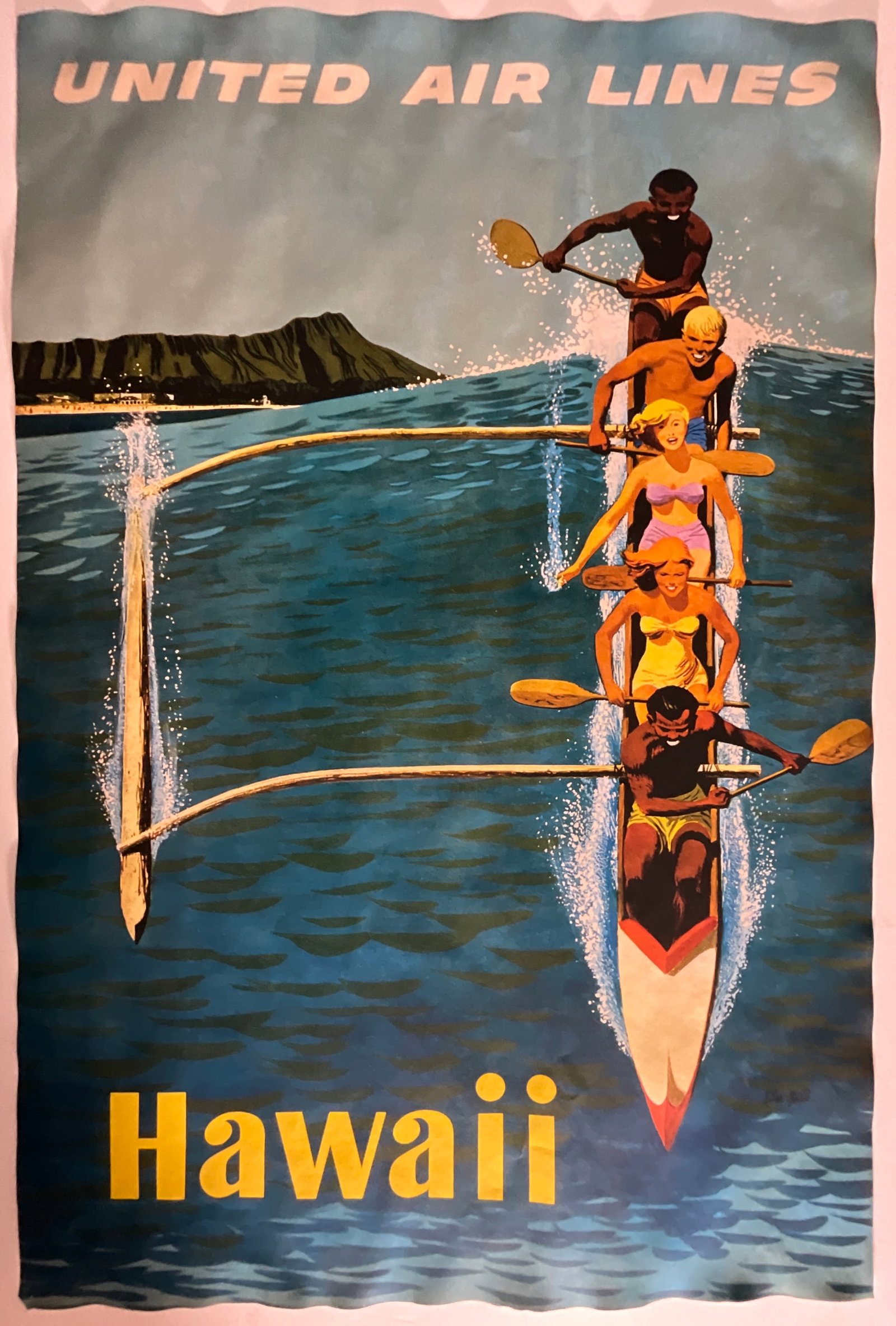 United Air Lines Hawaii: Measures approx 36 x 24 inches, water damage