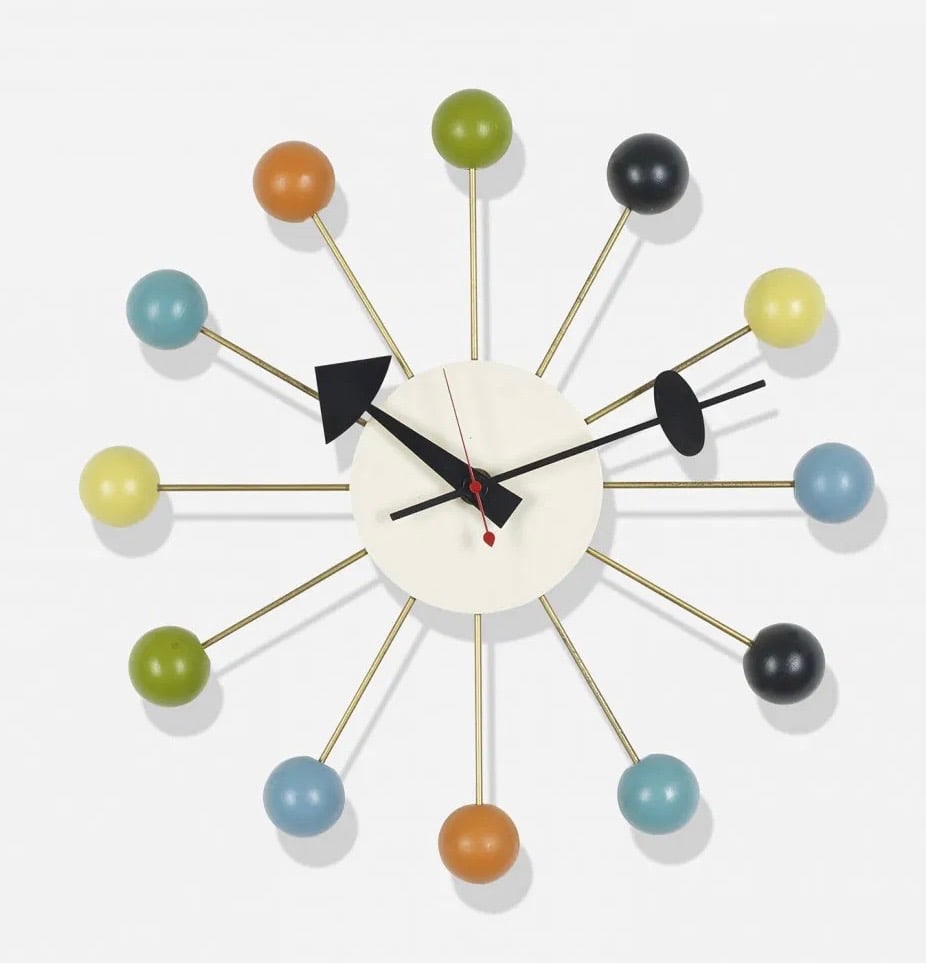 George Nelson & Associates Ball wall clock, model 4755: George Nelson & Associates Ball wall clock, model 4755,Howard Miller Clock Company USA, 1949, enameled aluminum, lacquered wood, brass, measures 13.25 dia. x 28.75 height inches